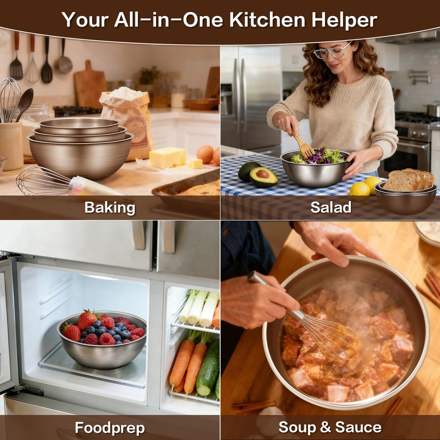 Gronivex Metal Mixing Bowls, 304 Stainless Steel, Set of 3 (1.5, 2.2 & 3.4 Qt) – Thicker-Gauge, Stackable Nesting & Space-Saving – Classic Everyday Bowls for Baking, Salad Prep & Cooking