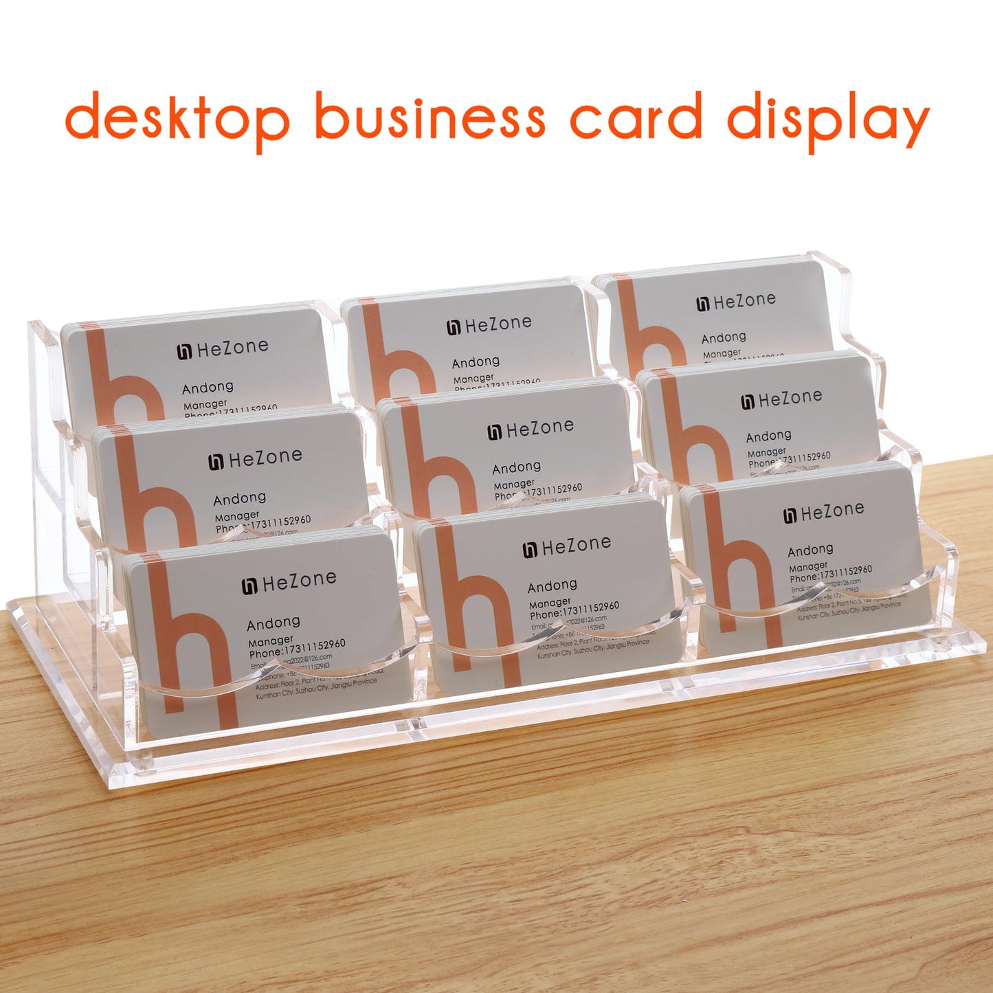 HeZone Business Card Holder for Desk, Multiple Cards Display Stand Rack for Women and Men, Clear Acrylic Card Organizer 9 Slot 3 Tiers