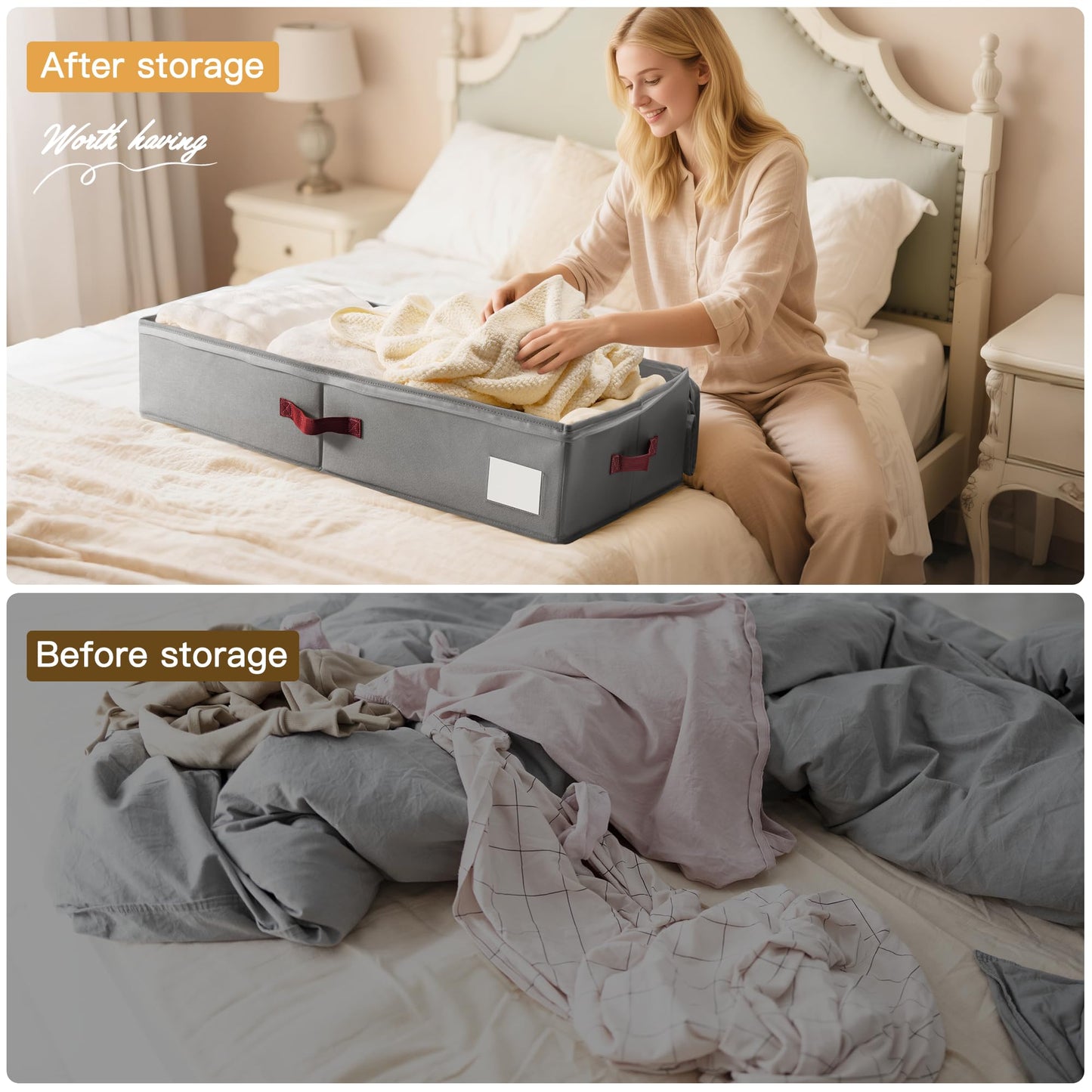 Criusia Under Bed Storage Bins with Clear PVC Lids – 4 Pack Large Underbed Organizers with Heavy-Duty Handles, Reinforced with 800G PP Panels & 80G Non-Woven Fabric – Waterproof & Foldable, Gery
