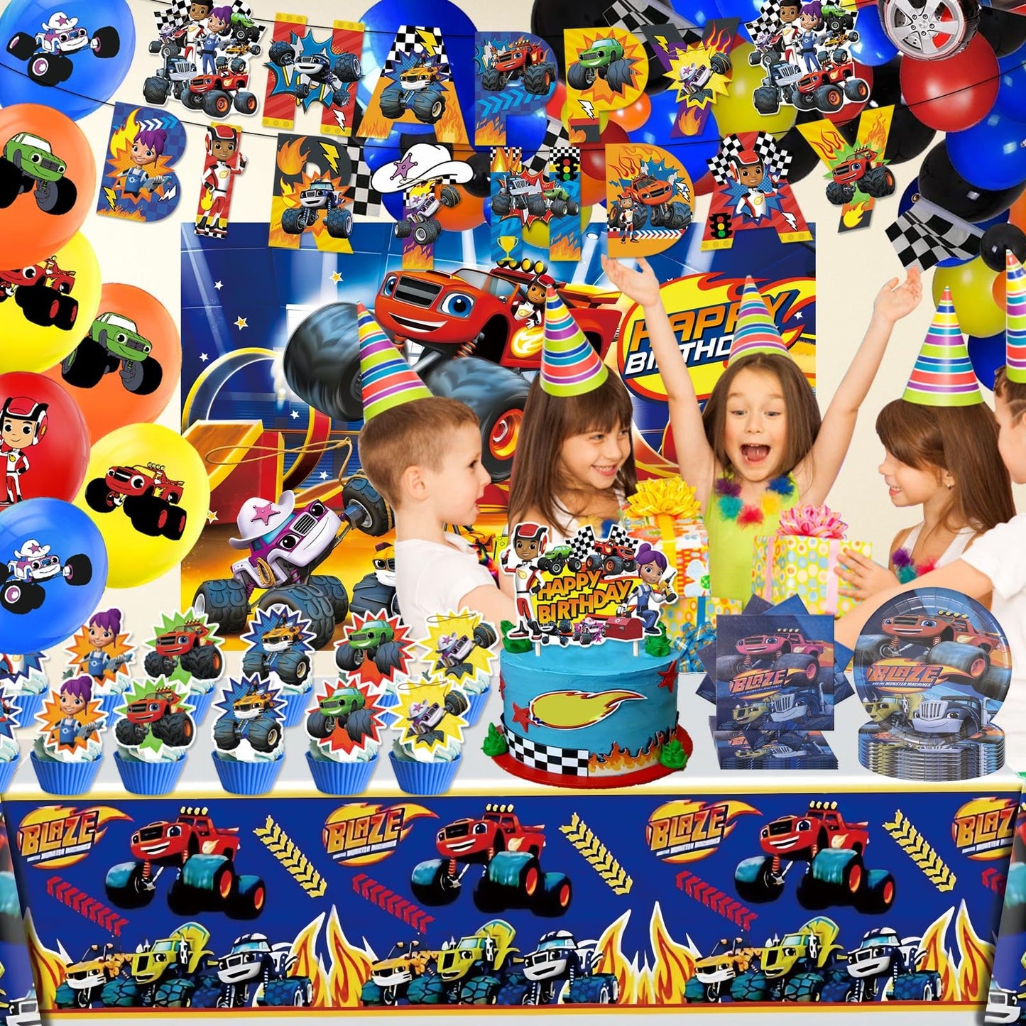 121 Pcs Monster Truck Birthday Party Supplies,Included Banner,Backdrop,Tablecloth,Plates,Balloon,Racing Car Tableware Set for Boy Truck Party Decorations