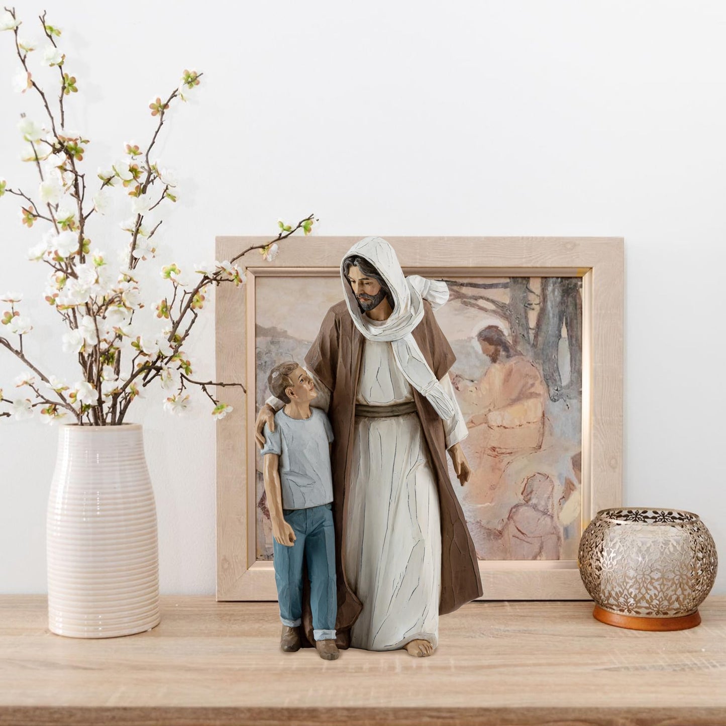 ShineOnAngel Jesus Christ with Child, First Communion boy Gift He Walks with me Sculpture, Hand Painted, Religious Modern Home Decor, Christian Figurines, 9.5 Inch
