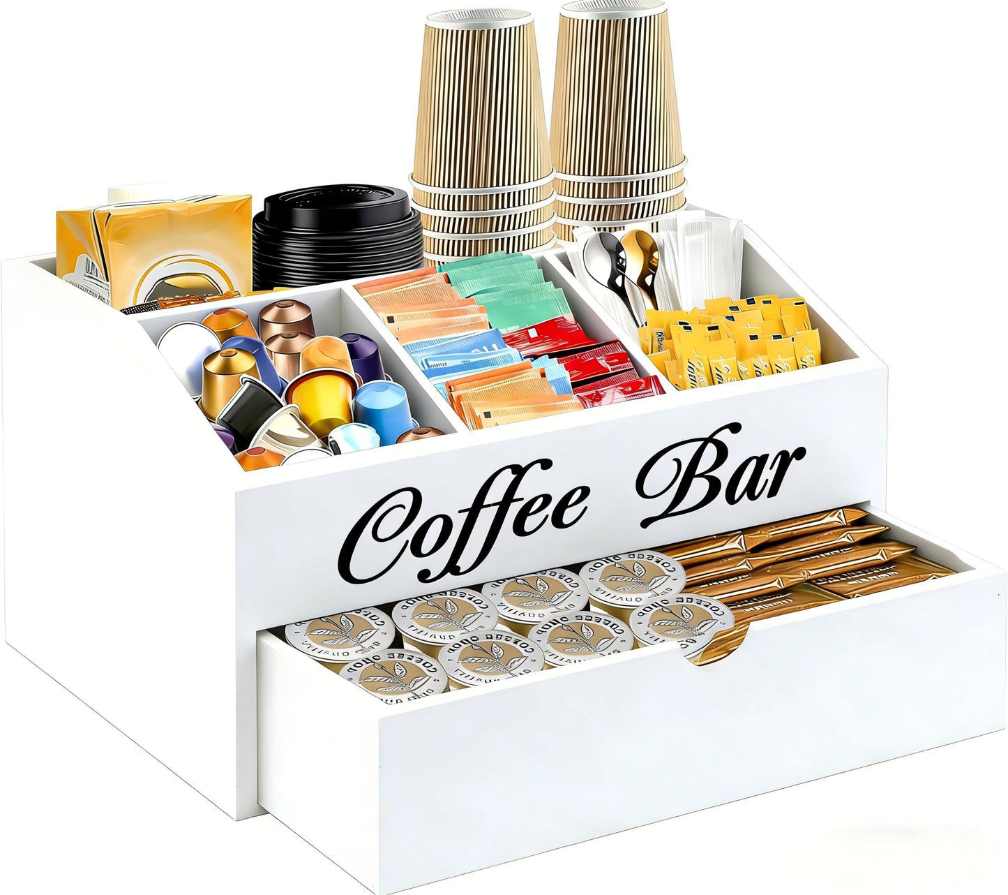 Eastsign Coffee Bar Organizer for Countertop, 2-Tier Wooden Coffee Station Accessories Holder with Dust-Proof Drawer, 5 Storage Compartments for Syrups, Pods, Tea Bags and Cups, White