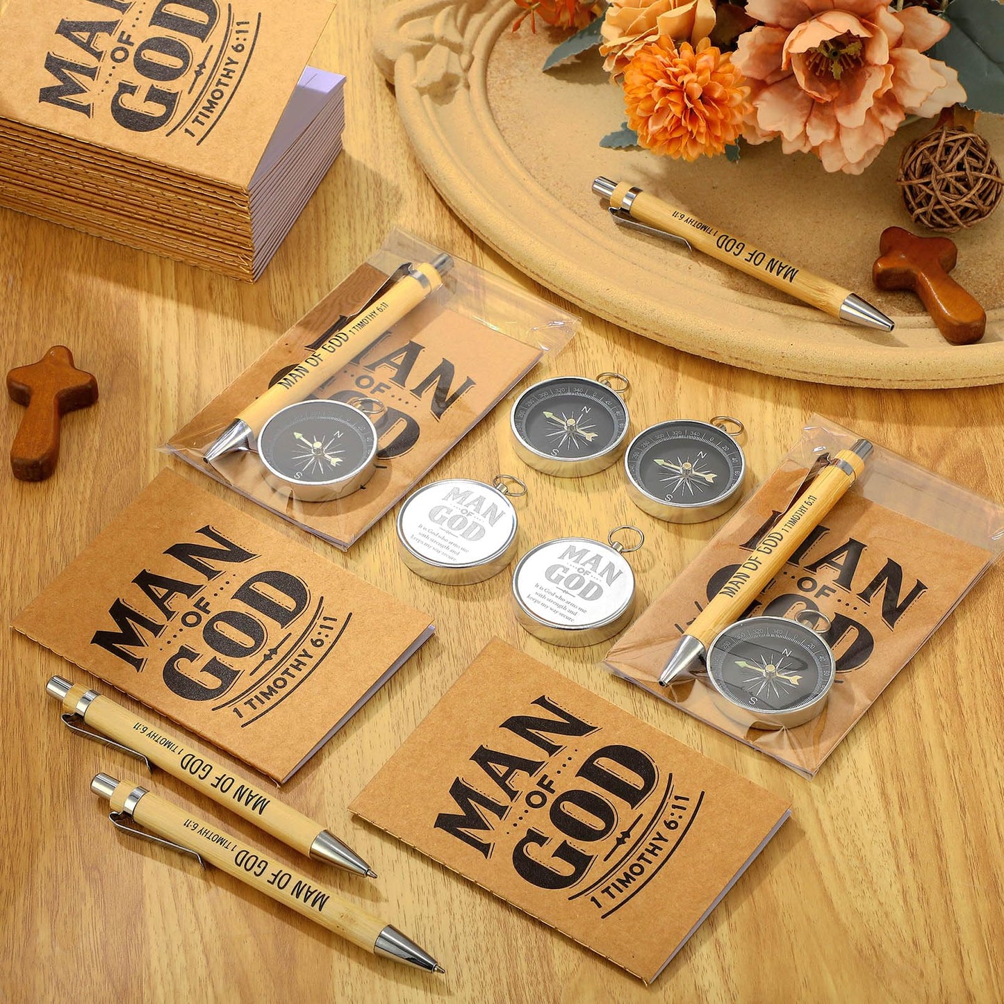 Chiisong 25 Set Man of God Gifts Include 25 Christian Mini Compass, 25 Religious Notebooks, 25 Bamboo Ballpoint Pens for Father's Day Pastors Church Travel Party Favors(25 Sets,Black, Silver)
