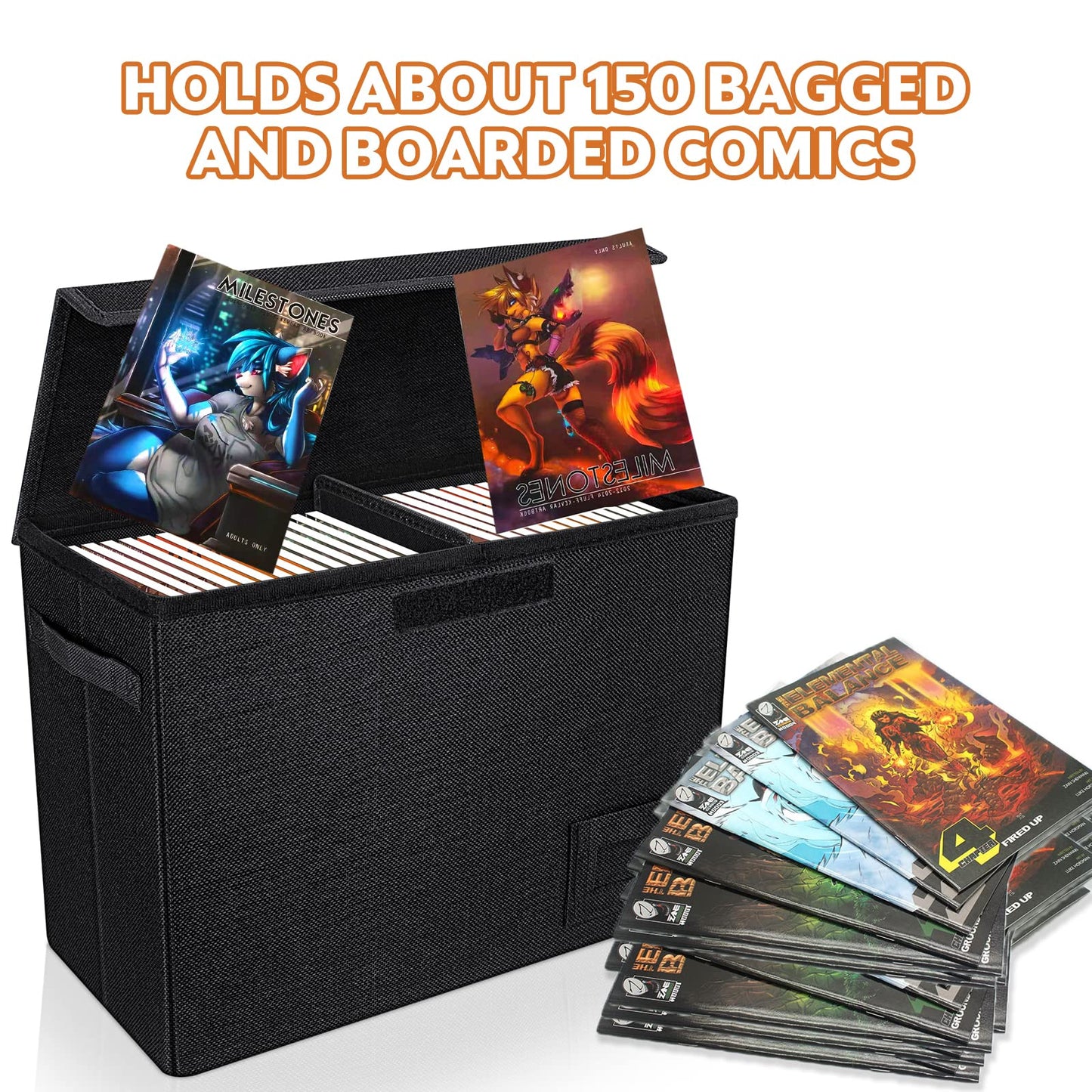 YSCare 4-Pack Comic Book Storage, Collapsible Comic Book Case with Dividers and Carrying Handles, Comics Short Box Holds 150 Comics, 15.5" X 7.5" X 11.3" Heavy-Duty Stackable Case