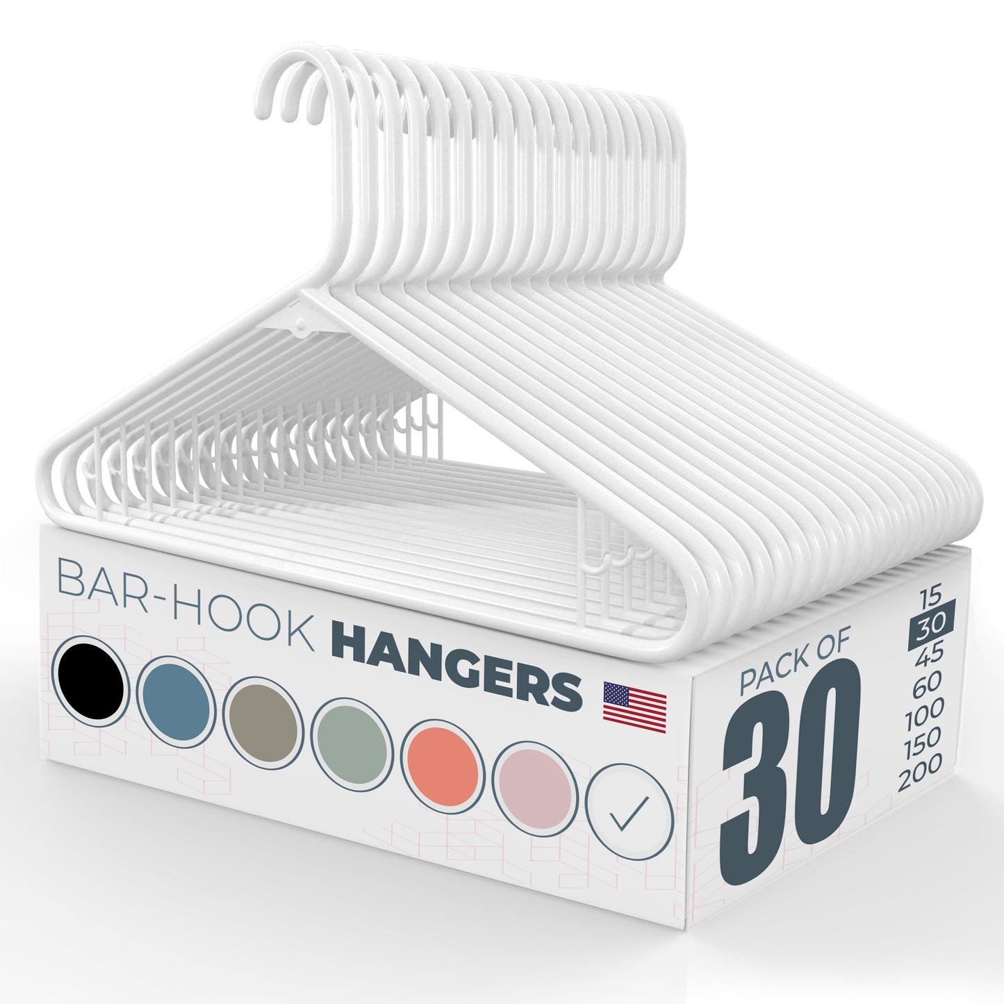 Neaties Plastic Hangers 30 Pack – Made in the USA – 6lb Capacity Standard Clothes Hangers with Strap Hooks for Dresses, Lingerie, Shirts, Pants, and Jackets – White