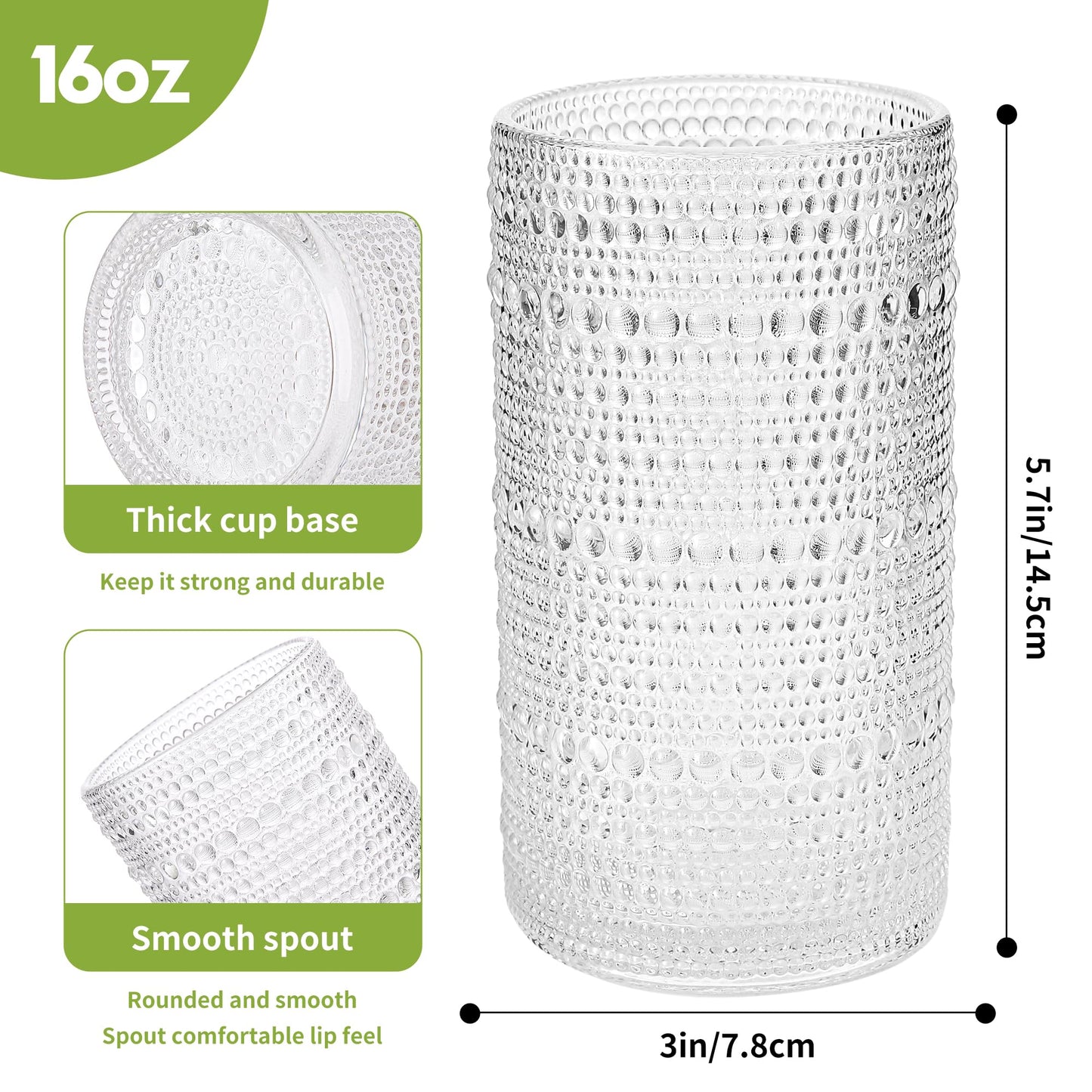 HEFBCOMK Large Vintage Hobnail Drinking Glasses Set of 6, 16oz Clear Highball Glasses Cups, Kitchen Water Glasses Cup, for Cocktail, Juice, Whiskey, Milk and Various Mixed Drinks