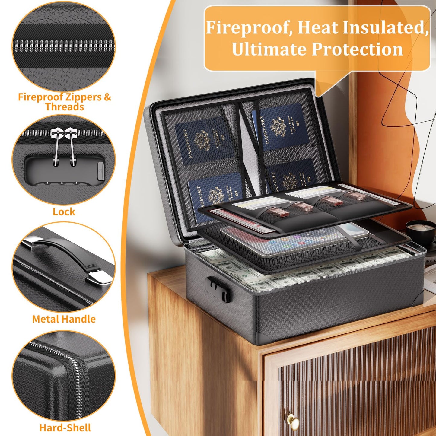 DocSafe Fireproof Document Box with Lock - 12 Layers Heat Insulated File Organizer Hard Case Safe Box with Fireproof Zipper, Home Safe Protects Important Documents, Passport, Cash (Black)