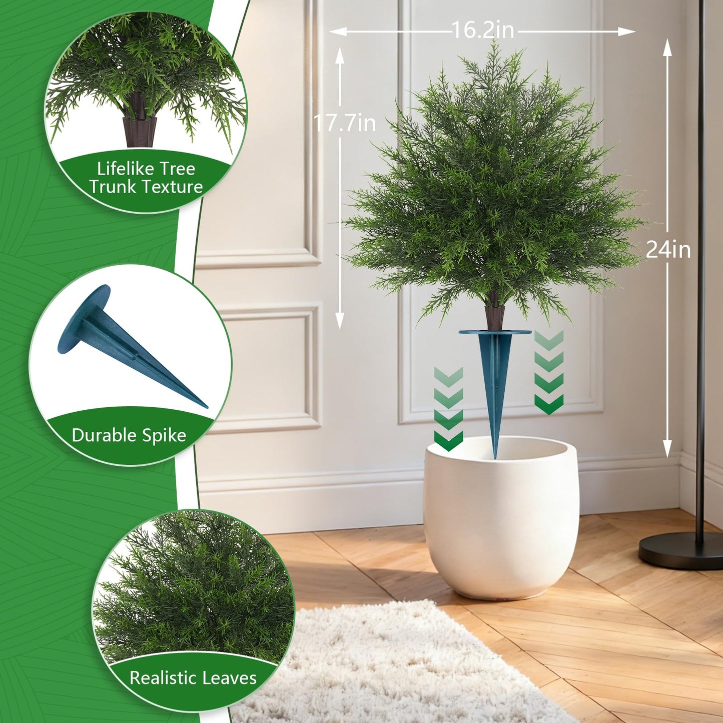 Grooy Artificial Cypress Topiary Bushes with Spike, 2 Pack Faux UV Resistant Cedar Ball Trees for Outdoor Planters, Fake Shrubs Plants for Porch Garden Decor