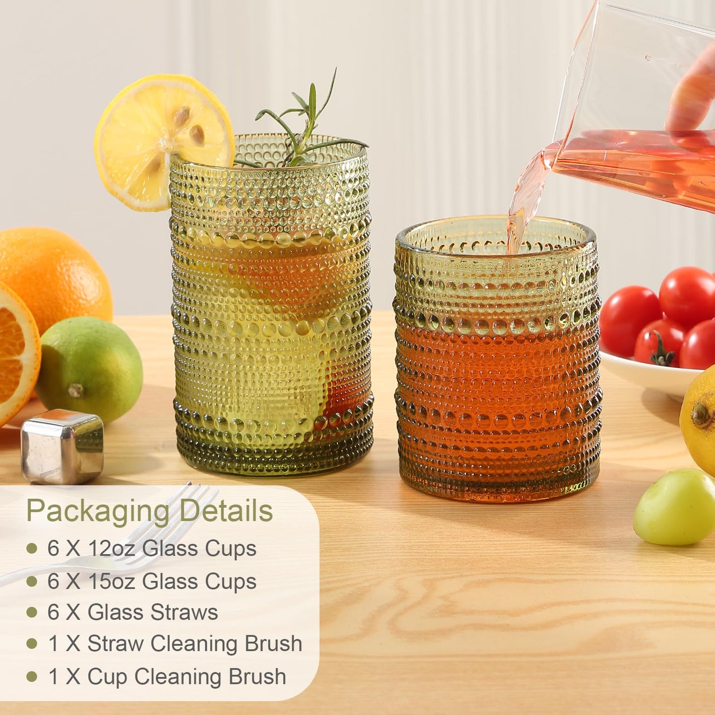 ZMOWIPDL Vintage Glassware Drinking Glasses Set of 12,Green 12oz & 15oz Hobnail Glass Cups,Embossed Water Tumbler,for Beer,Cocktail,Whiskey,Juice and Various Mixed Drinks- 1 Cleaning Brush