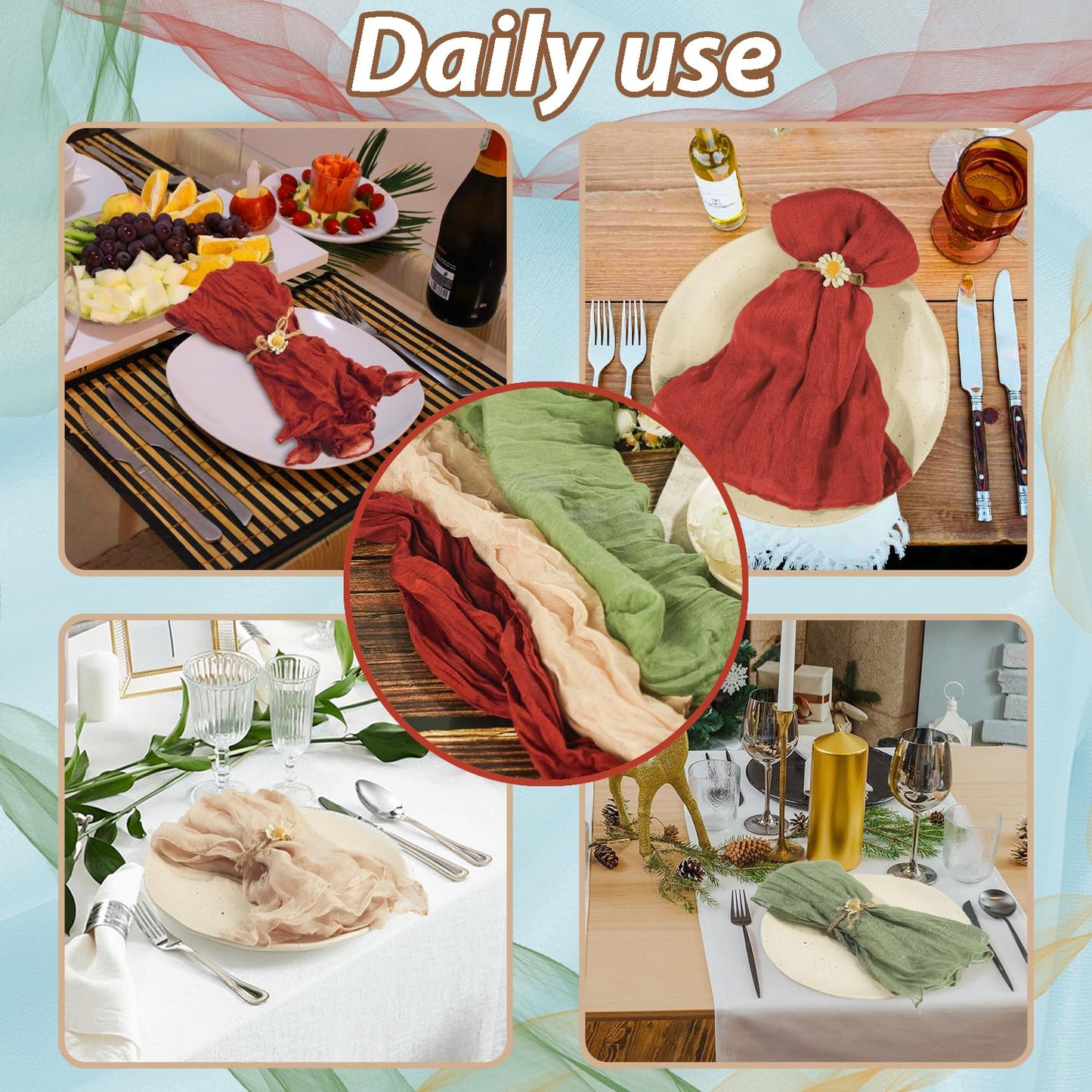 120 Pack Sage Green Cheesecloth Napkins, 20x20 Inch Rustic Wrinkled Summer Sage Cloth Napkins Cotton Gauze Dinner Table Napkin Bulk for Wedding, Bridal Shower, Baby Shower, Boho Decor