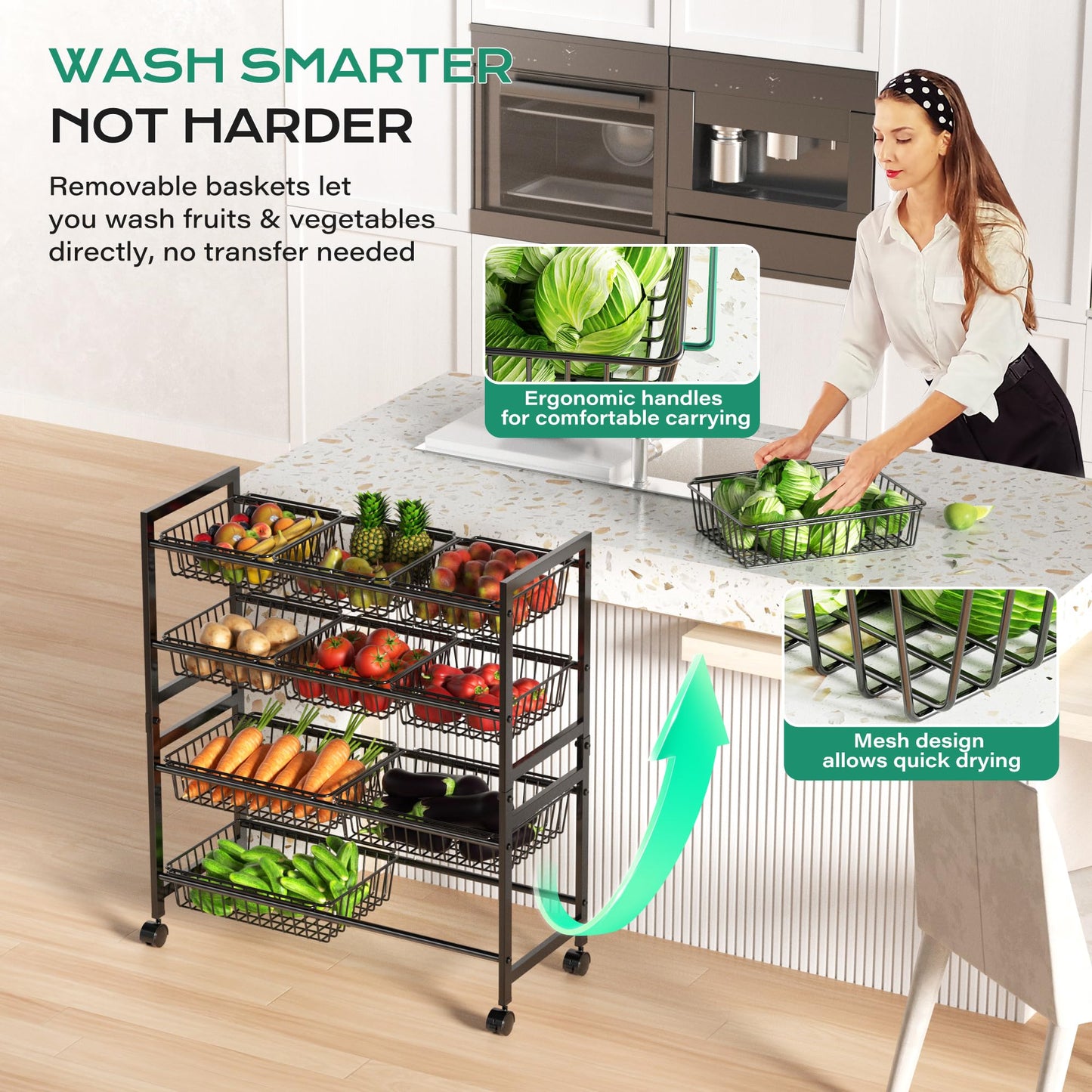 Cinati 4-Tier Snack Cart with Wheels, 29''W Toy Storage Organizer, Rolling Pantry Storage Cart with 10 Wire Baskets & Handle,Adjustable Metal Snack Rack, Kitchen Organizer for Fruit, Vegetables(Black)