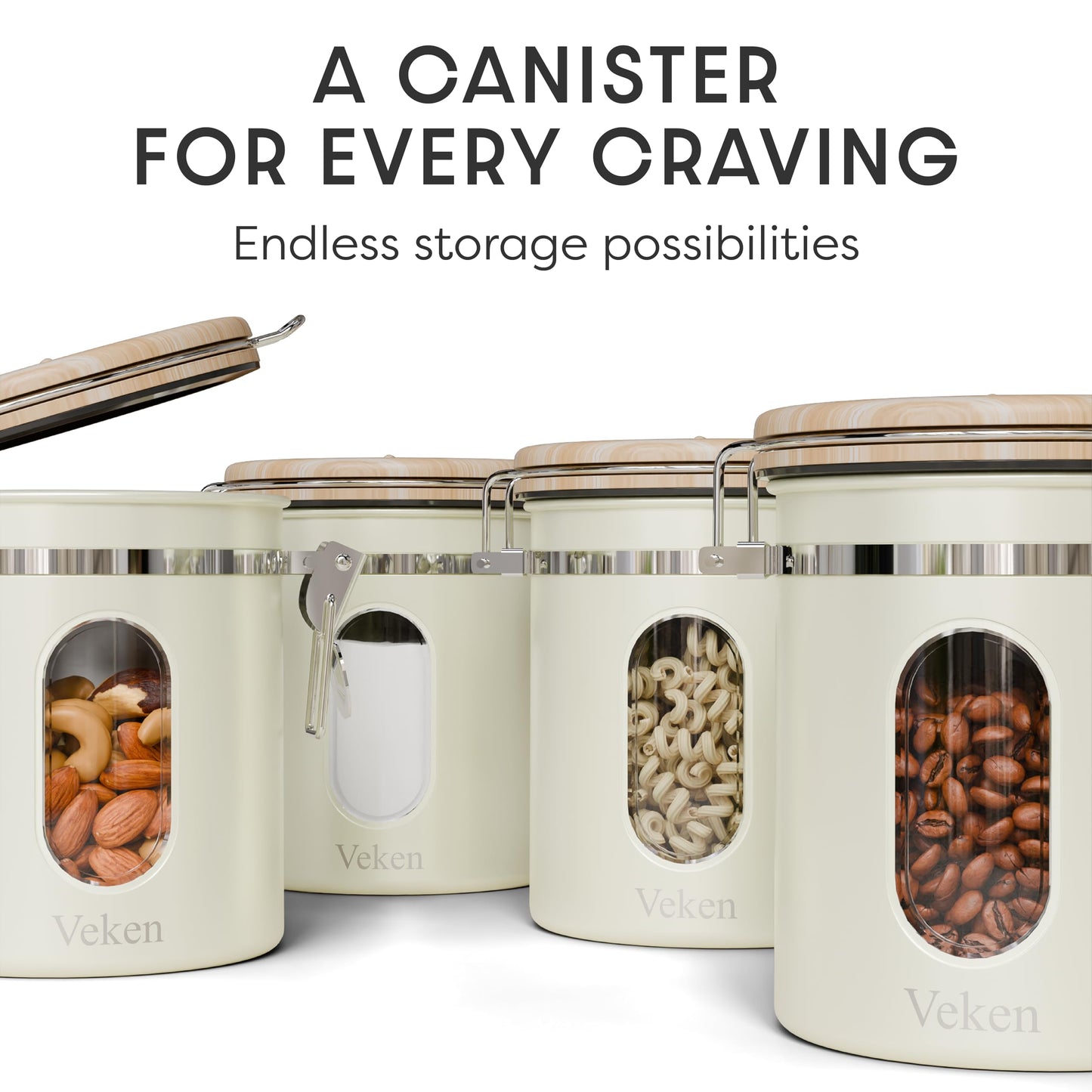 Veken Coffee Sugar Canister with Window, Airtight Stainless Steel Kitchen Food Storage Container with Lids, Date Tracker and Scoop for Grounds Coffee, Beans, Tea, Flour, Cereal Jars, 16OZ, Cream