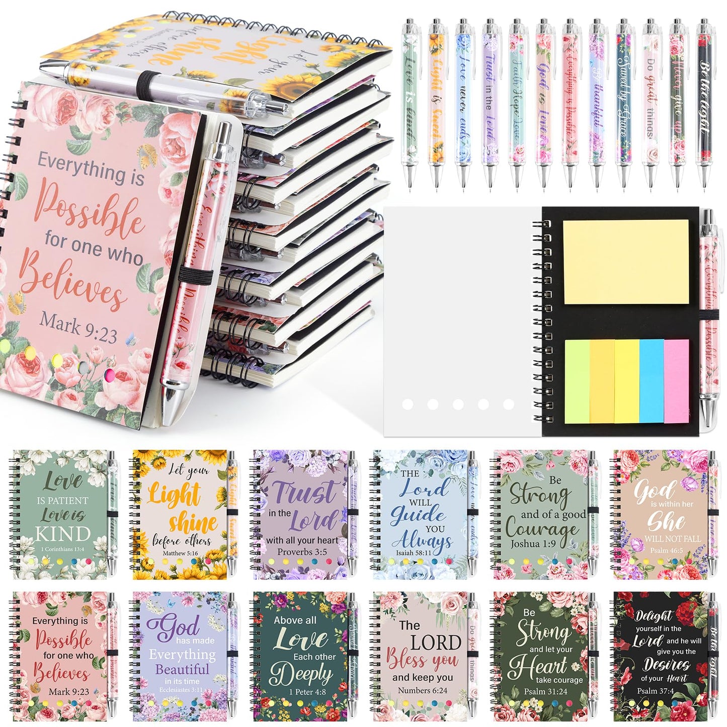 Piuaeue 48 Pcs/24 Set Christian Prayer Journal Spiral Notebooks Bulk with Pens Prayer Journal Religious Bible Verse Mothers Day Holy Week Spiral Notebook for Women Men Church Member Teacher