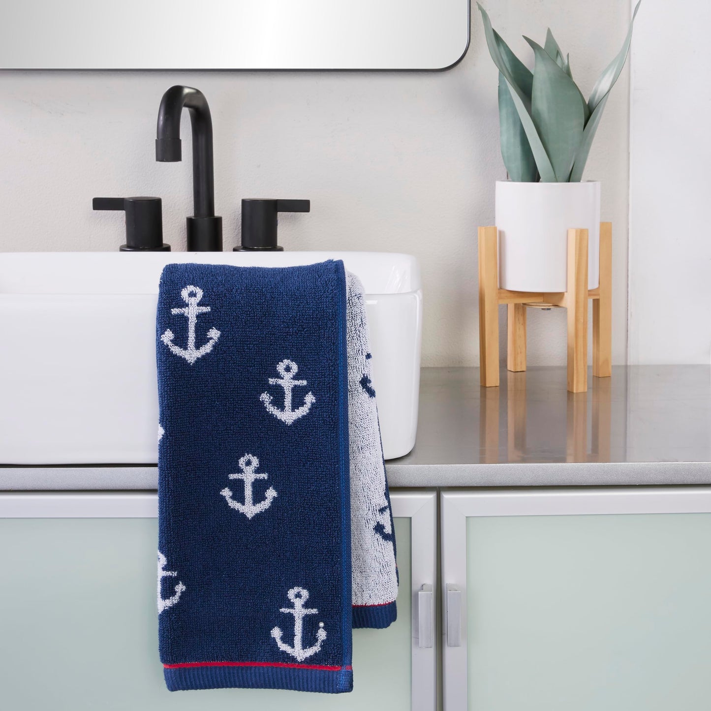 SKL Home Anchor Hand Towel 2pc Set for Bath/Kitchen/Bar & Gift, Navy