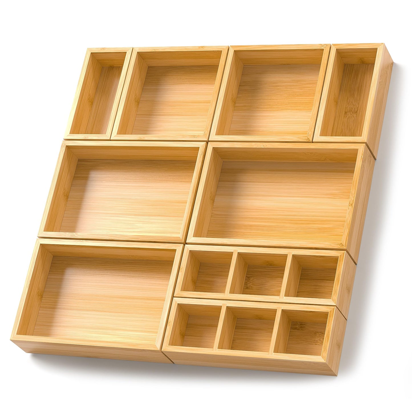 Bamboo Drawer Organizer, Set of 9 Wood Kitchen Junk Tea Desk Office Tray, Wooden Storage Boxes Organizers for Bathroom, Office (2" H 9 Boxes)