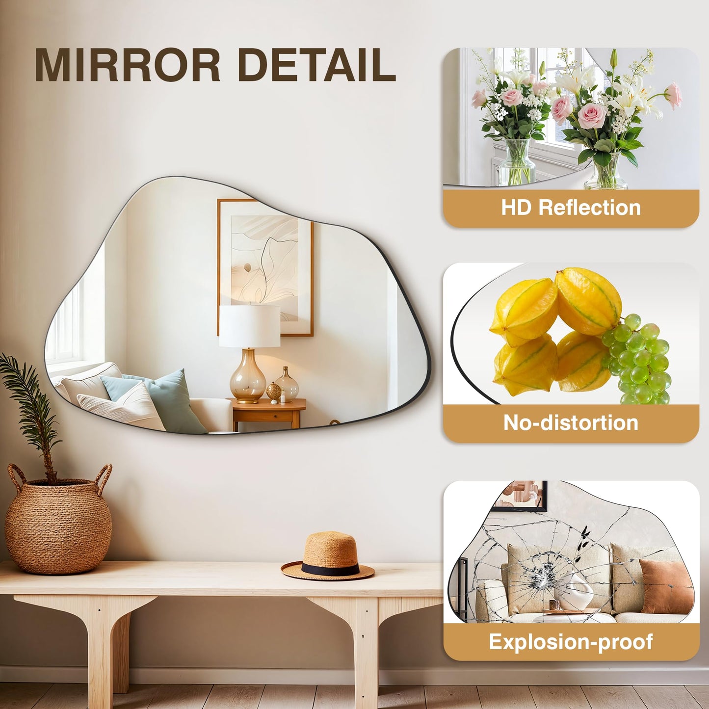 FICTOR Irregular Asymmetrical Wall Mirror, 36" x 24" Modern Decorative Mirror for Entryway, Bathroom, Bedroom, Living Room, Dining Room