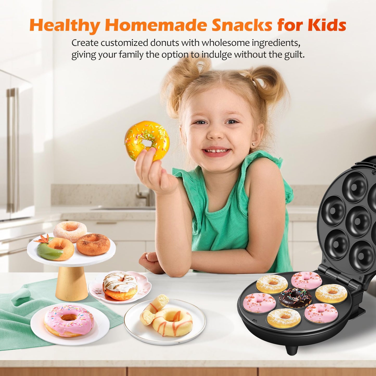 KEINVE Mini Donut Waffle Cake Maker, 7 Slots Home Baking Machine, Great for Breakfast, Snacks, Desserts and More