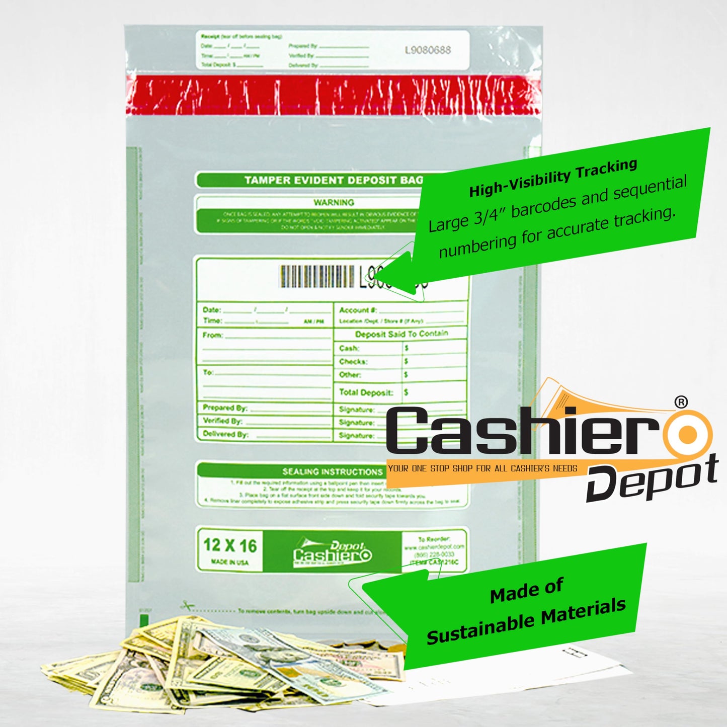 100 Cashier Depot - Tamper Evident Deposit Bags, 12" x 16", Clear, Plastic, Press & Seal VOID Closure, Perforated Receipt, Serialized Barcode, 100 Count