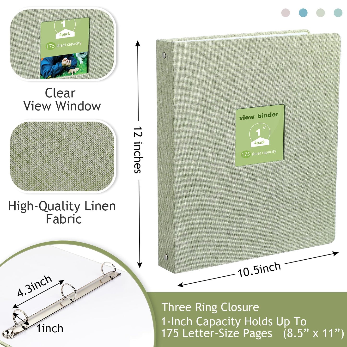 Lincia 4 Pcs Linen 3 Ring Binder 1'' Ring Binders with Window Holds 175 Sheets 8.5 x 11 Letter Size Paper Office Supplies(Teal, Light Green, Beige, Blue)
