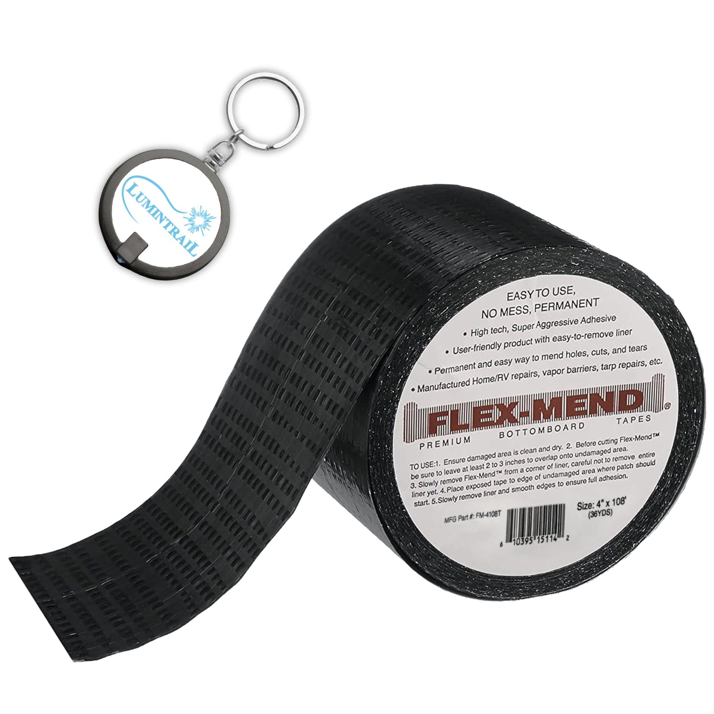 Lumintrail Flex Mend Mobile Home RV Underbelly Pan Bottom Board Repair Tape | 4" x 108' | Permanent Adhesive Patch Repair for Mobile Homes, RV, Vapor Barrier | with a Keychain Light
