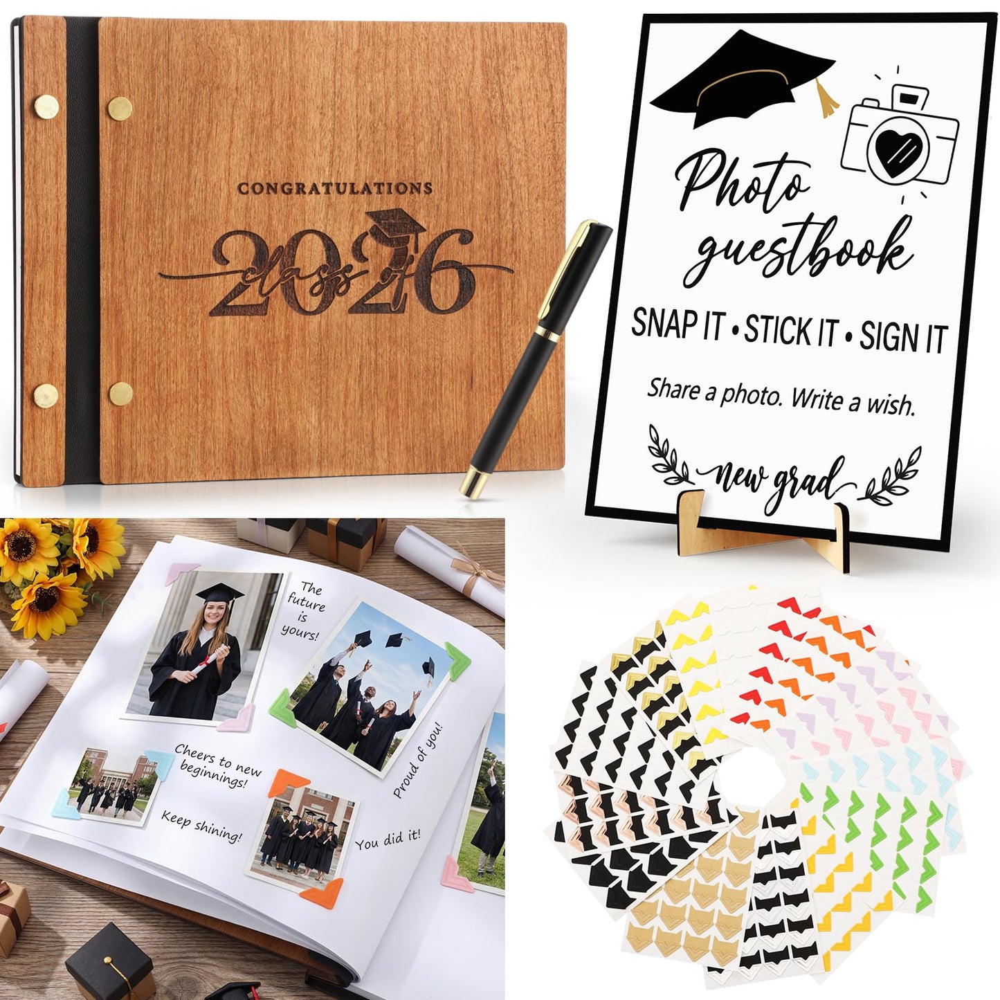 Thenshop 2026 Graduation Guest Book Set, Wooden Photo Album Scrapbook 126 Pages, Guest Book Sign, Pen, 360 DIY Photo Corners for Class of 2026 Grad Party Decorations Favors Gifts (Natural Wood)