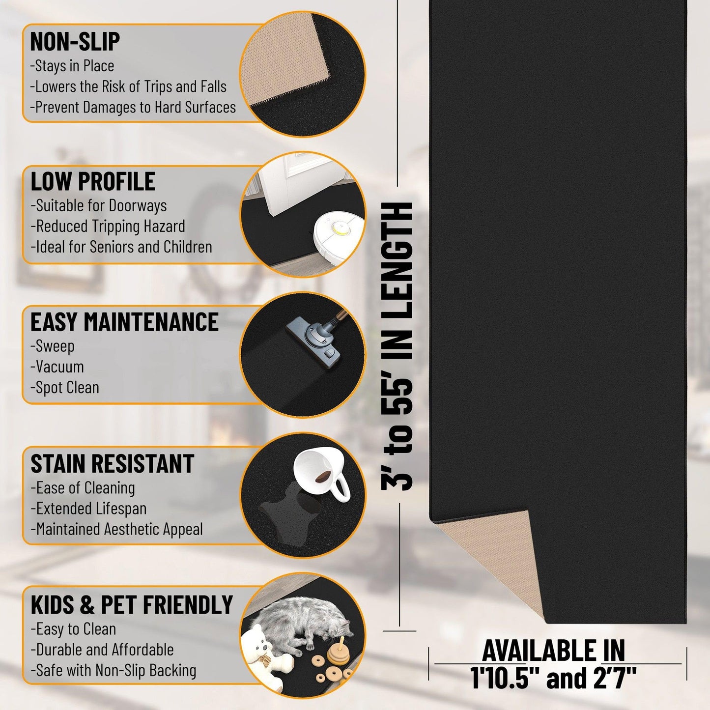 Ottomanson Hallway Runner Rug – Non-Slip Low Pile Carpet Runner for Entryway, Stain Resistant & Easy to Clean, Solid Black, 1'10.5" x 10'