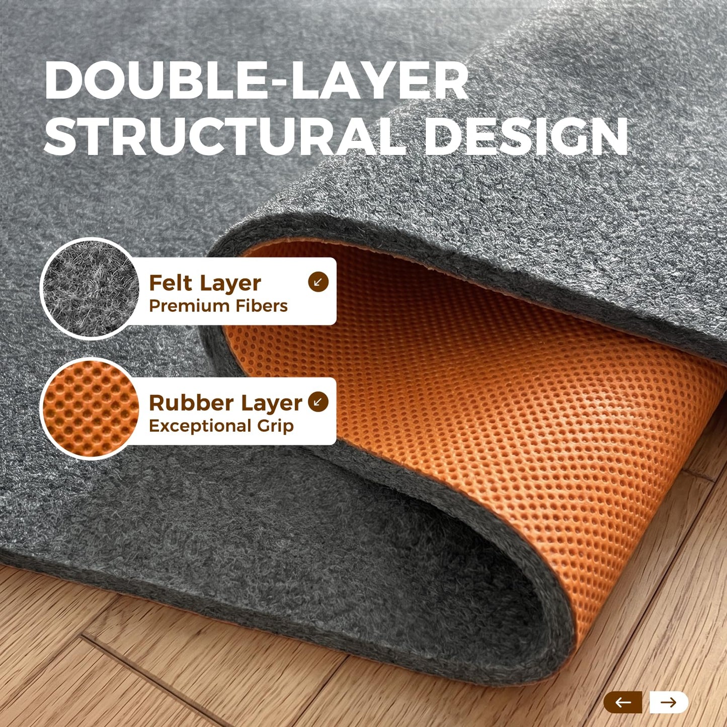 Rug Pad 5 x 7 Ft Non-Slip, Felt and Natural Rubber Backing, 1/4" Thick, Cushioned Gripper Pads, Keep Rugs in Place, Carpet Runners, Protective Padding Under Area Rugs, Hardwood Floors Protection