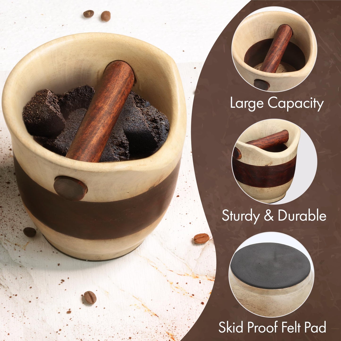 Leavitt Bay Espresso Knock Box – Dual Tone Mango & Acacia Wood Coffee Knock Box – Handcrafted, Durable Coffee Grounds Disposal Container w/Skid Proof Felt Pad - Ideal Barista Tools for Cafes & More