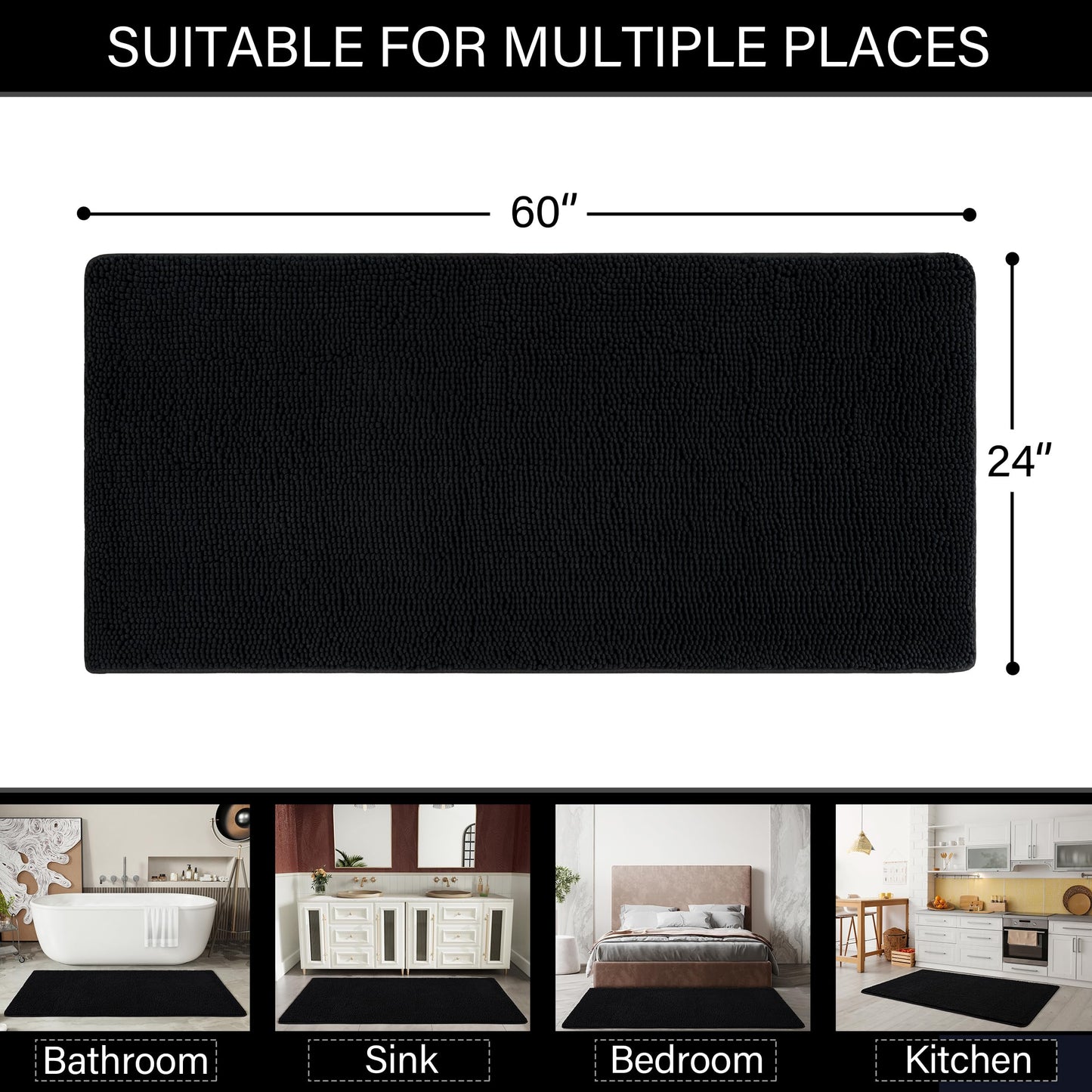 LOCHAS Luxury Bathroom Rug Shaggy Bath Mat 24 x 60 Inch, Washable Non Slip Bath Rugs for Bathroom Shower, Soft Plush Chenille Absorbent Carpets Mats, Black