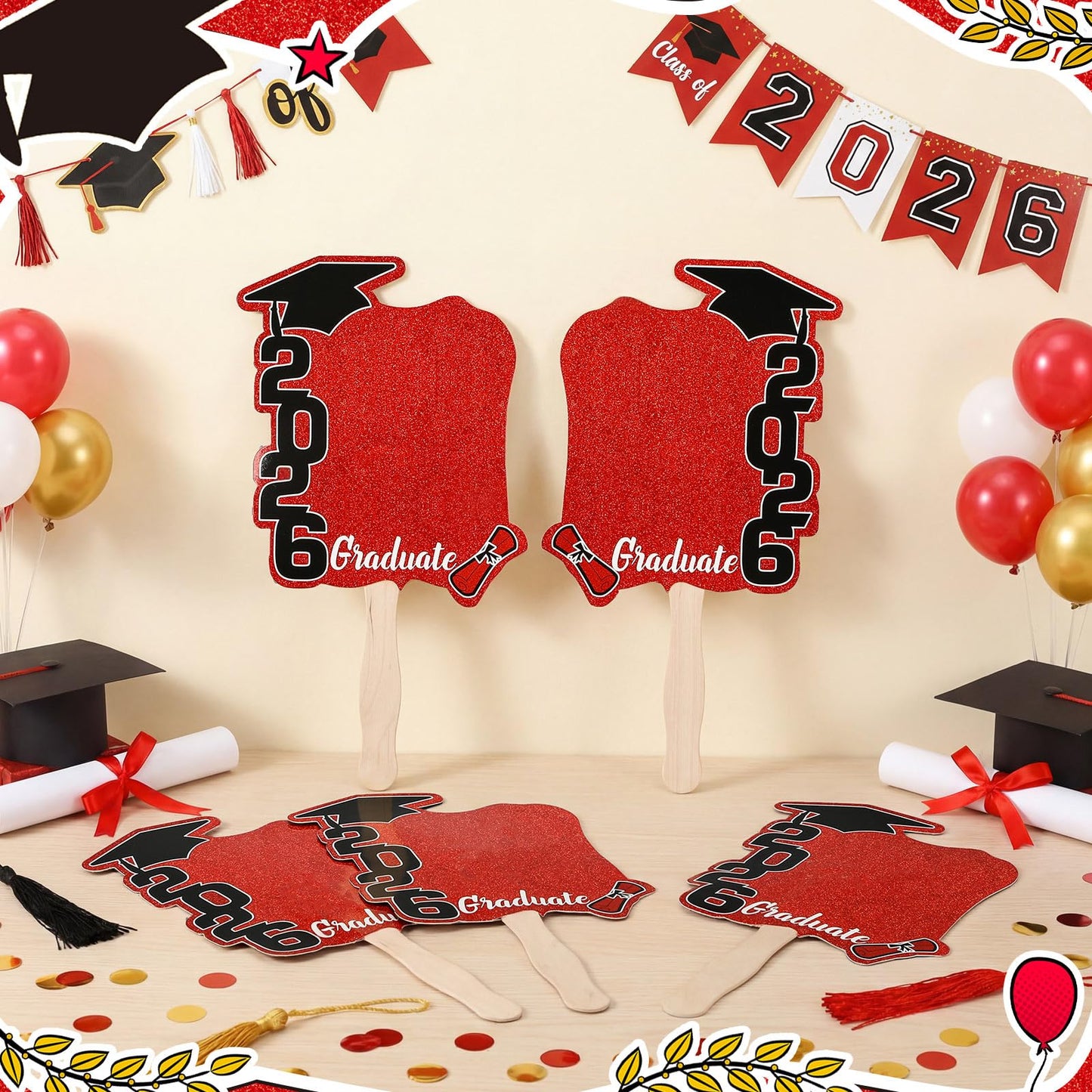 24 Pcs Graduation Cutout Face Fans with Handle Double Sided Personalized Grad Party Supplies Class of 2026 Grad Photo Props Blank DIY Photo Frame Graduation Party Souvenirs(Classic,Red)