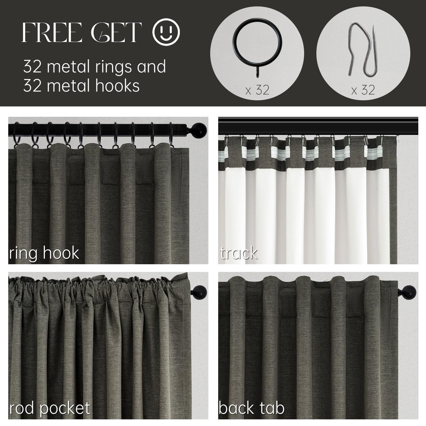 Topfinel 100% Blackout Linen Textured Curtains 84 inches Long Charcoal Gray Thermal Insulating Privacy Energy Saving for Bedroom Living Room Window Office Theater Baby Nursery Back Tab 2 Panels