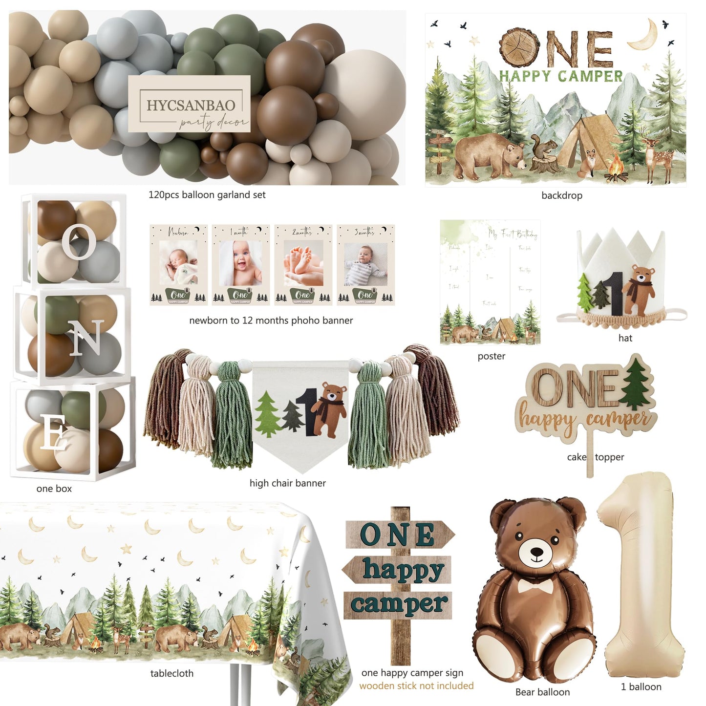 One Happy Camper Birthday Decorations, Camping 1st Birthday Party Supplies with Balloon Arch Balloon Box Backdrop High Chair Banner Crown Cake Topper Table Cloth