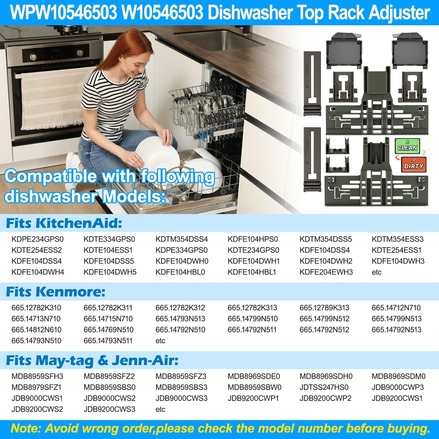 UPGRADED WPW10546503 W10546503 Dishwasher Top Rack Adjuster & W10320664/5 For Kitchenaid Dishwasher Parts Upper Rack KDTE334GPS0 KDFE104HPS0 W10546503 For Kitchen aid Dishwasher Parts,11Pack