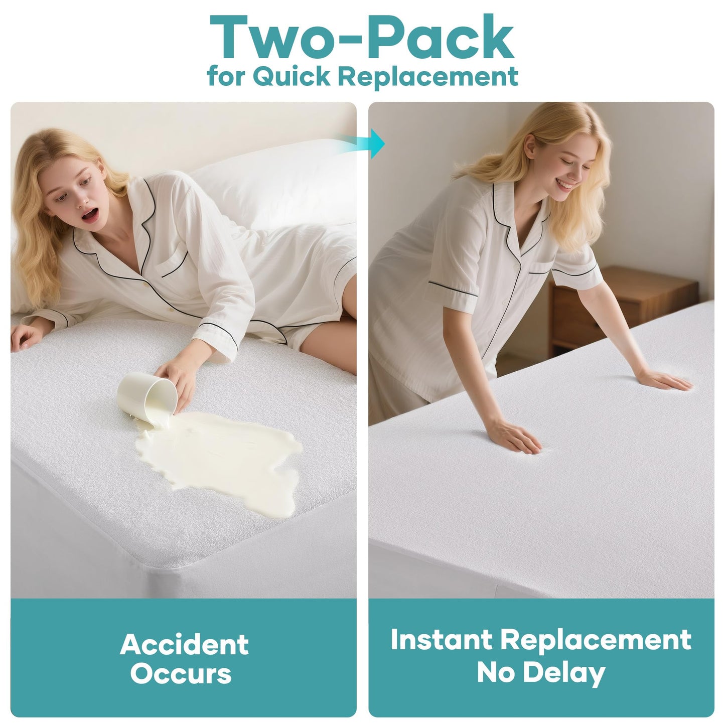OhGeni 2 Pack Queen Size Mattress Protector, 100% Waterproof, Fitted Sheet with Deep Pockets, 6''-18'', Premium Noiseless Breathable Soft Material, Mattresses Cover for Bed
