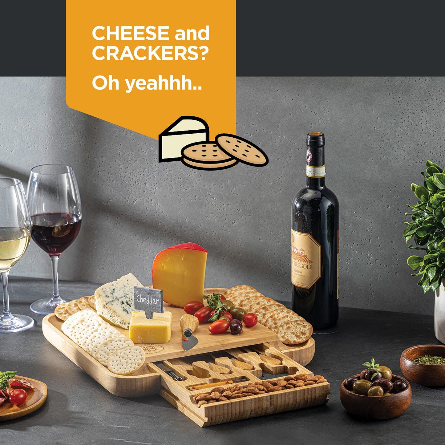 Bambüsi Charcuterie Boards - Large Bamboo Cheese Board Set with Knives for Serving Meat + Cheese Platter - House Warming Gifts for New Home, Wedding, Bridal Shower, Birthday Gifts for Women, Hostess