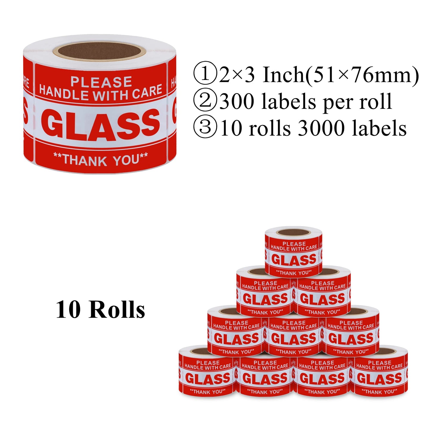 Aleplay Fragile Glass Stickers 2×3 Inch Shipping Packing Label Please Handle with Care Thank You - 300 Per Roll(10 Rolls)