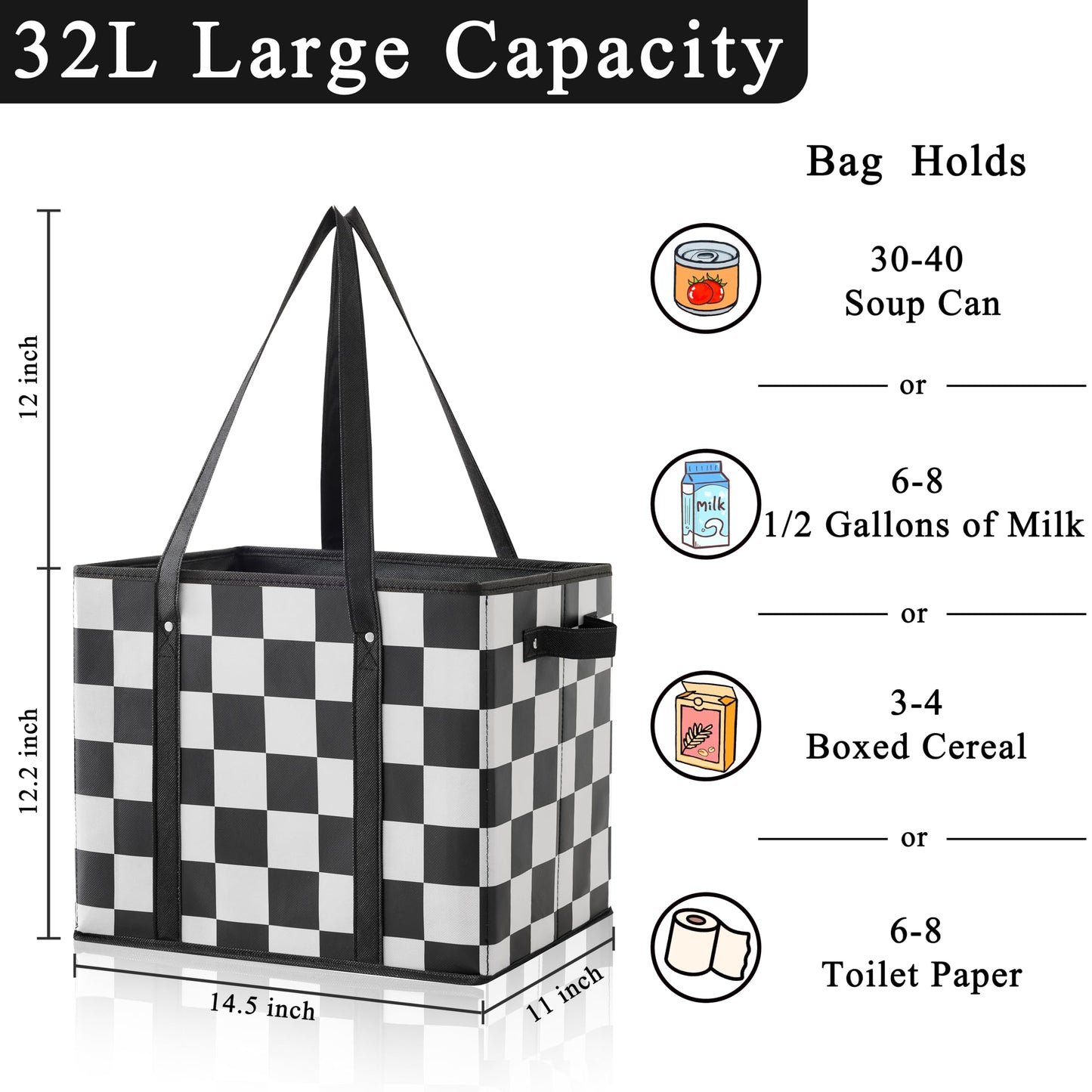 Ohocut Checkered Reusable Grocery Bags Heavy Duty Black and White Checkerboard 3 Pack Foldable Shopping Bags with Handles for Groceries Collapsible Tote