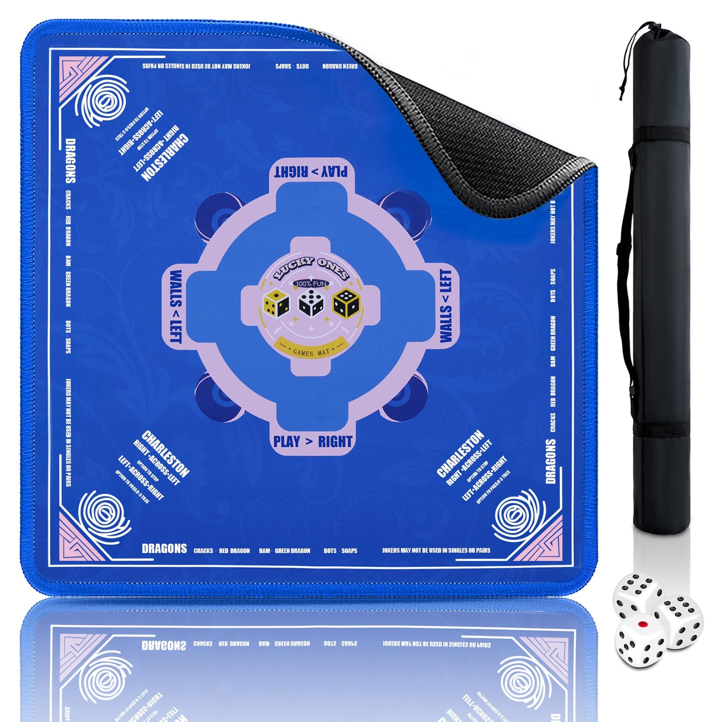 Mahjong Mat (33"x33") Noise Reduction Non-Slip, American Mahjong Mat for Table with 3 Dice & Carrying Bag, Waterproof Surface Mah Jongg Mats for Poker, Card, Dominoes, Board & Tile Games (Blue)