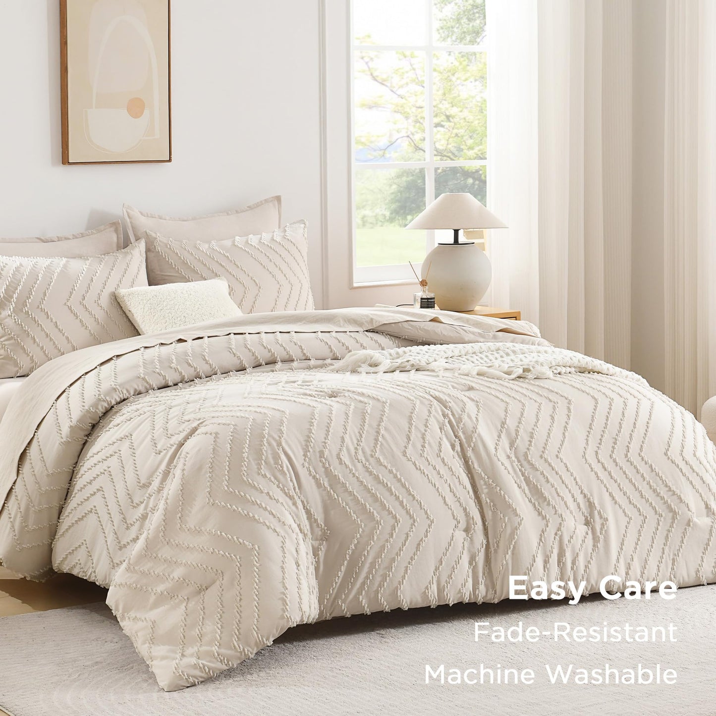 Andency California King Comforter Set Beige, Boho Cal King Cream Soft Warm Tufted Neutral Bedding Comforter Sets, 3 Pieces Cali King Aesthetic Chevron Farmhouse Cute Bohemian Textured Bedding Set