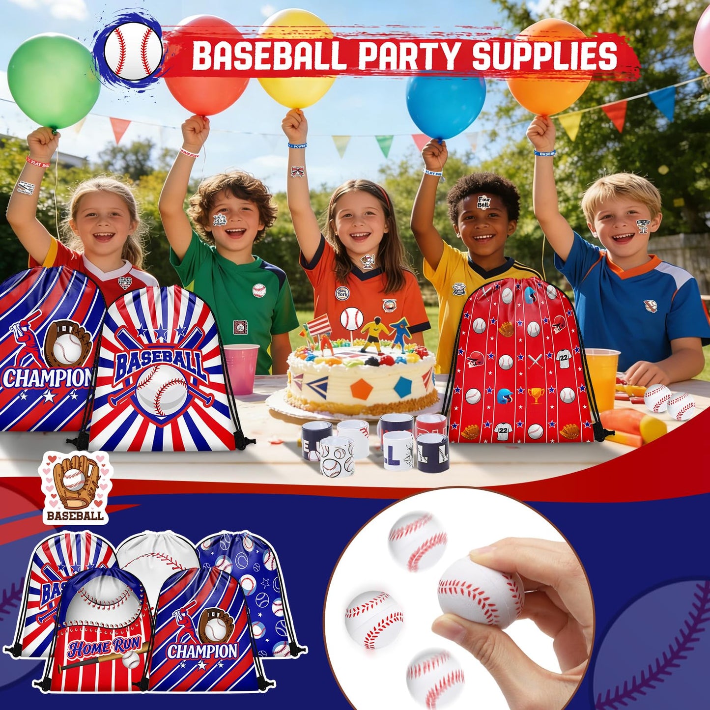 Grneric 120PCS Baseball Party Favors, Baseball Goodie Bags Drawstring Bags with Mini Baseballs, Bracelets, Keychains, Stickers & Tattoos for Baseball Party Supplies