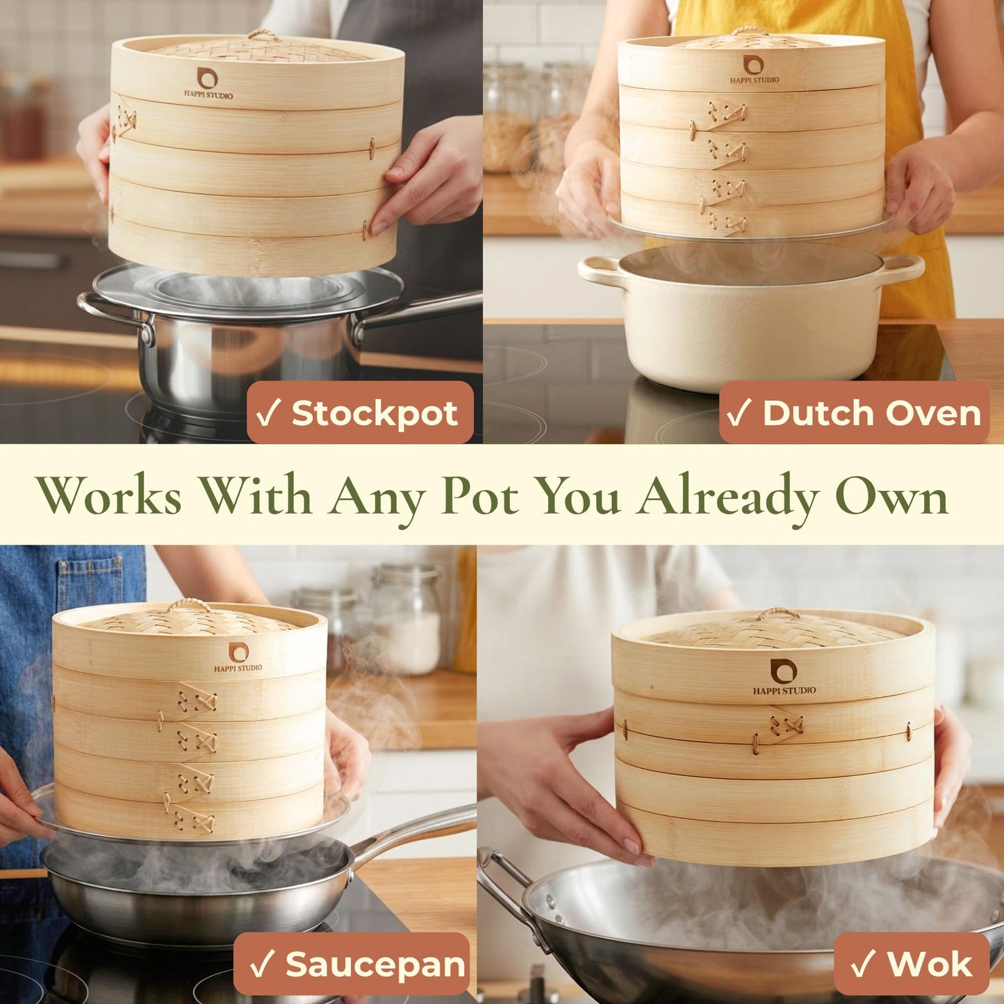 HAPPI STUDIO Bamboo Steamer Basket Set - 10 Inch Large Dumpling 2 Tier for Pots - Asian Cooking Dim Sum Bao Buns Momo Rice - Natural Chinese Steam Baskets Kit with Stainless Steel Ring (10-inch Extra Deep Bamboo Steamer w/ Ring)