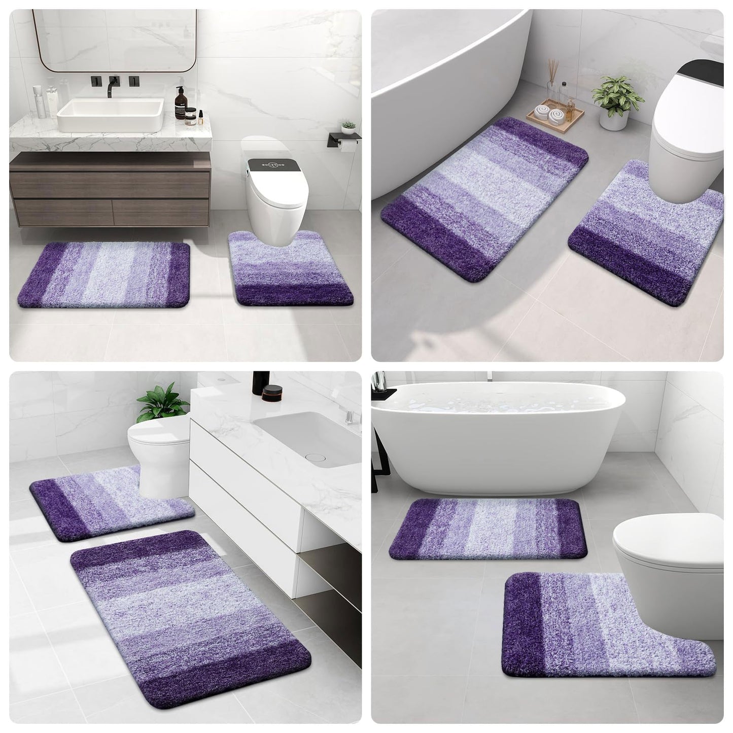 Arotive Microfiber Bathroom Rugs Sets 4 Piece, Extra Soft Absorbent Bath Mats, Machine Wash Dry U-Shaped Contour Rug and Toilet Lid Cover for Bath Tub, Toilet and Shower, Dark Purple
