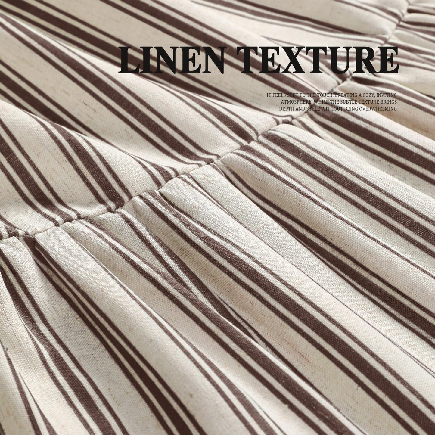XOGUIBO Farmhouse Shower Curtain with Ruffle Hem Linen Shower Curtains for Bathroom Country Vintage Rustic Natural Fabric, Cream-Brown Stripe 72" W x 84" L