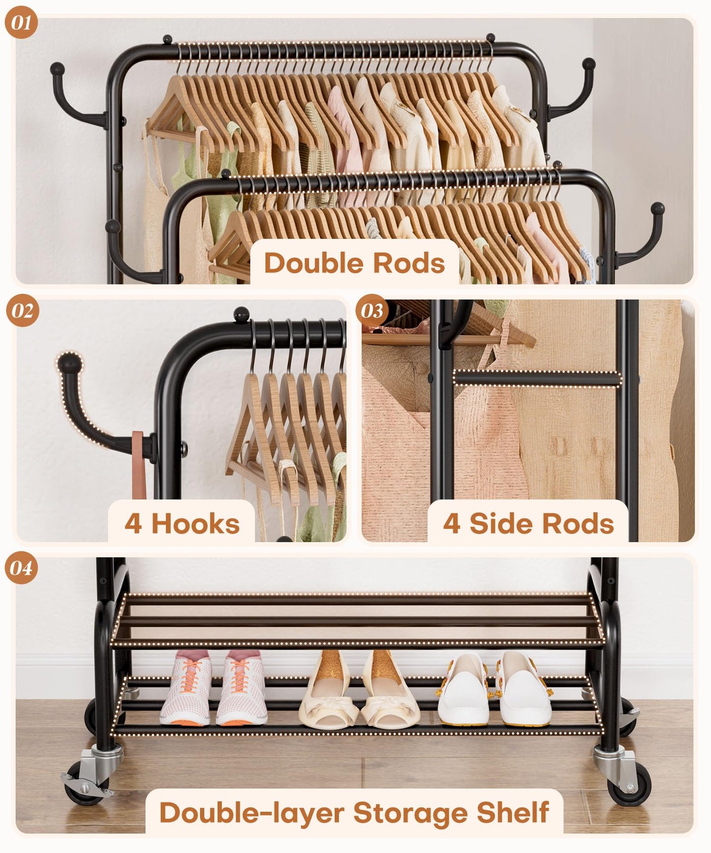 Homde Heavy Duty Clothes Rack: 265lb Rolling Double Rod Garment Hanging - Metal Coat Organizer Storage Display Shelf on Wheels for Bedroom Laundry