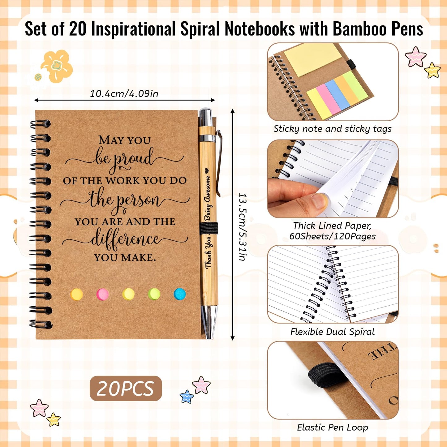 20 Sets Employee Appreciation Gifts Bulk Inspirational Spiral Notebook Journal with Sticky Notes Motivational Bamboo Pen Thank You Gifts for Teacher Nurse Coworkers Office Staff Team Volunteer
