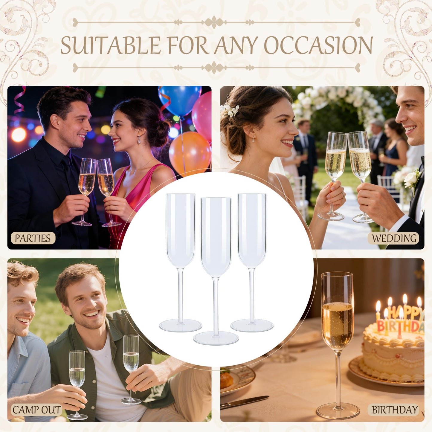 LEYIQU Plastic Champagne Flutes Set, 6oz Unbreakable Champagne Glasses Bulk, Shatterproof Reusable Mimosa Prosecco Sparkling Wine Cups for Wedding Party (Clear, 24pcs)