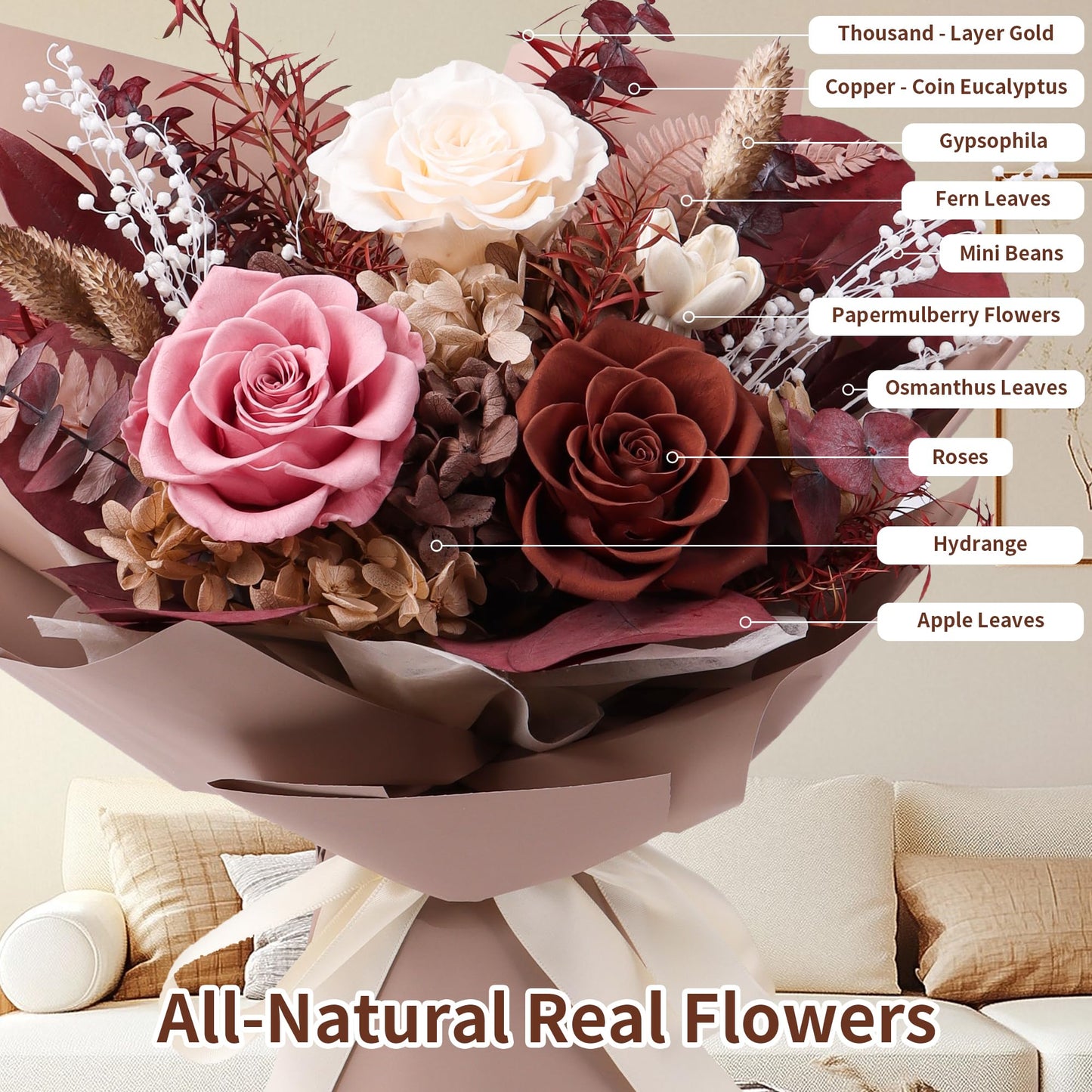Gcchobv Preserved Flowers Bouquet, Real Eternal Flowers, Gifts for Women, Birthday Gifts for Mom Friends Her Girlfriend Sister, Valentine (Caramel)