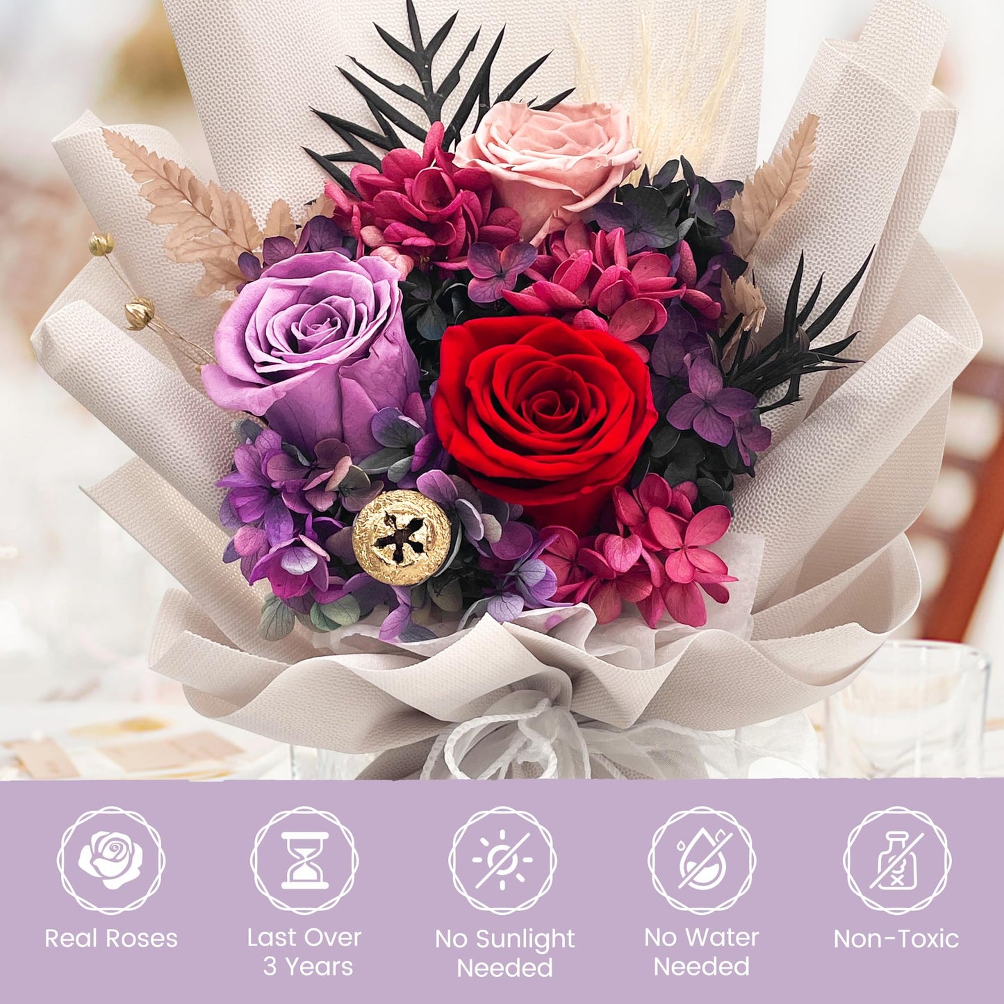 QOEAZY Flowers for Delivery, Preserved Flowers Bouquet with Gift Box, Rose Gifts for Women Mom Grandma