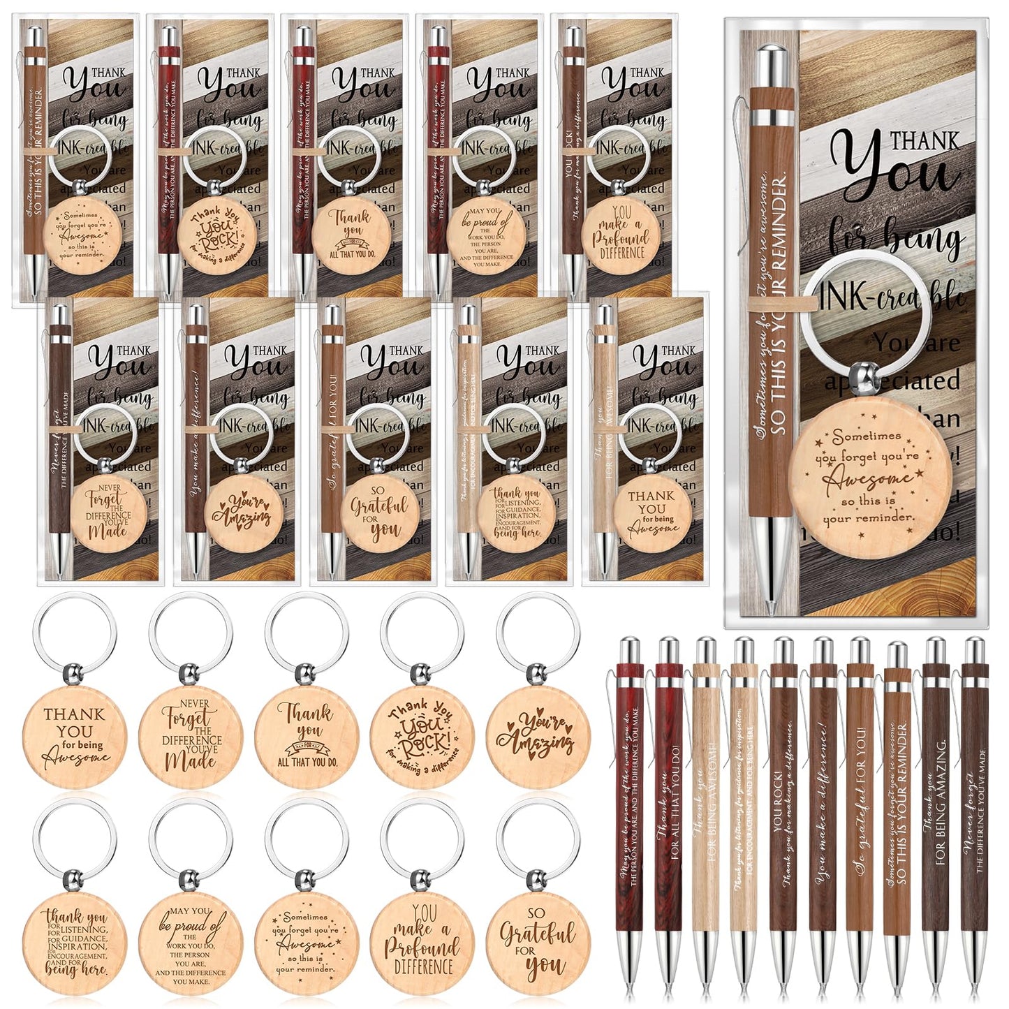 Dispowreath Employee Appreciation Gift Bulk with Bamboo Ballpoint Pen Inspirational Wooden Keychain Thank You Bookmark Card Set for Employee Staff Office Team Volunteer Teacher Gift(40 Sets)