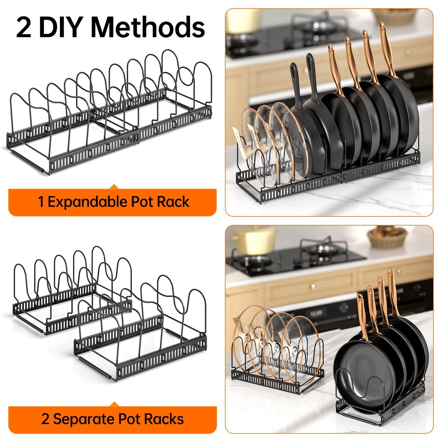 MUDEELA 2 Pack Pots and Pans Organizer Rack for under Cabinet, Expandable Pot Lid Kitchen Cabinet Organizer Holder with 10 Adjustable Compartment Cutting Board Organizer for Pan Lid, Bakeware Sheet